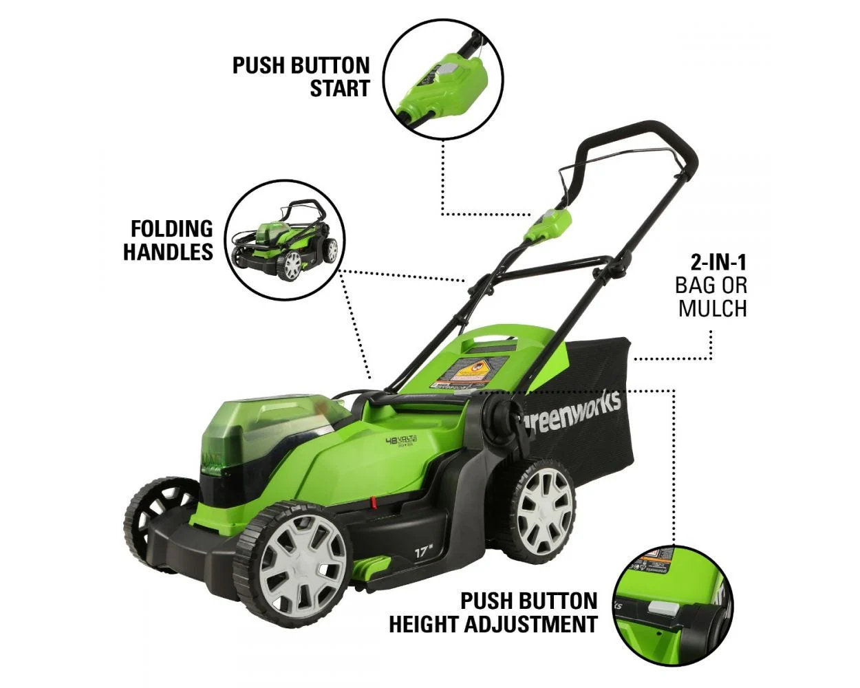 48V (2x24V) 17 Cordless Battery Push Lawn Mower w/ Two (2) 4.0Ah USB Batteries & Dual Port Charger