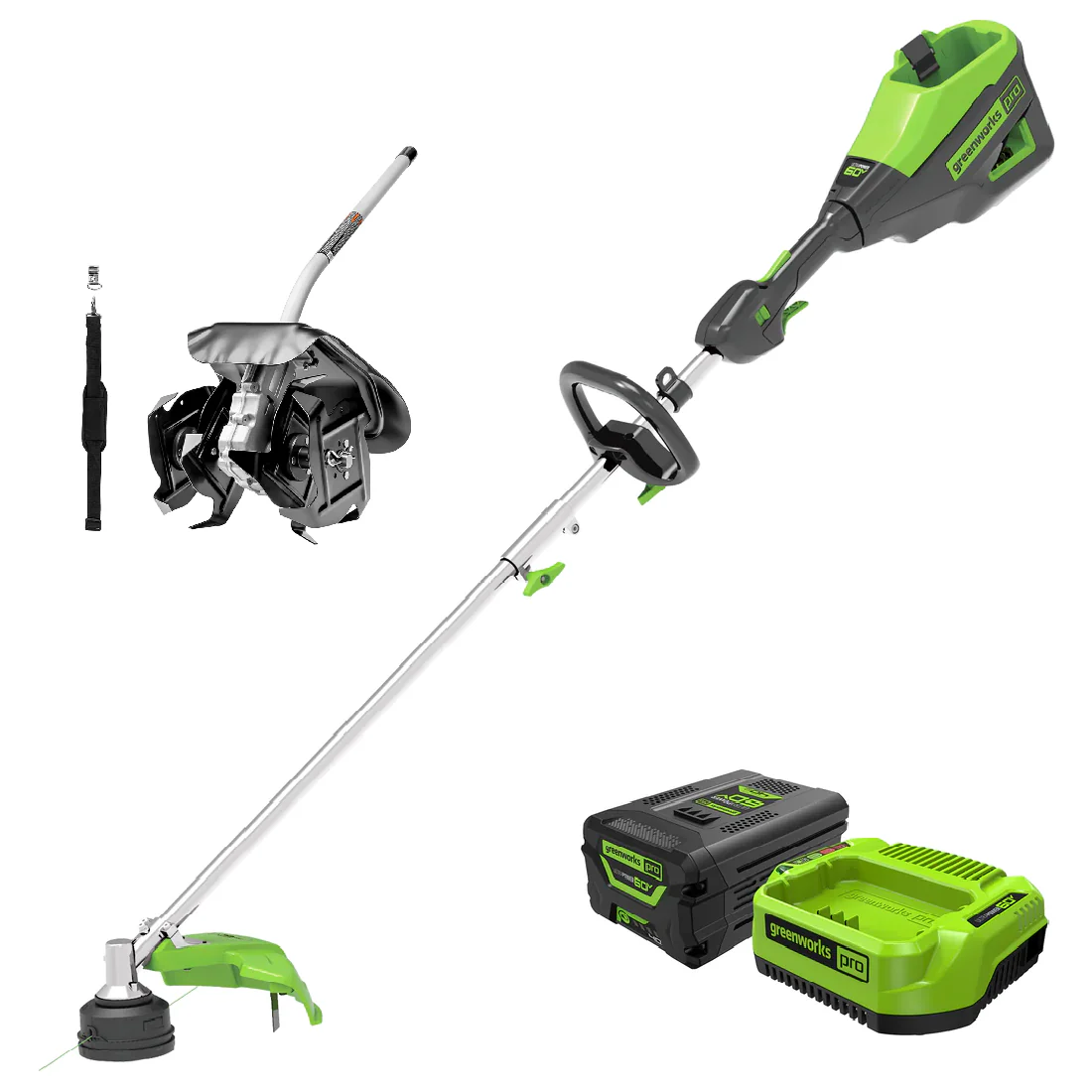 60V 16 Cordless Battery String Trimmer (Attachment Capable)& 10 Cultivator Attachment Combo Kit w/ 4.0 Ah Battery & Charger