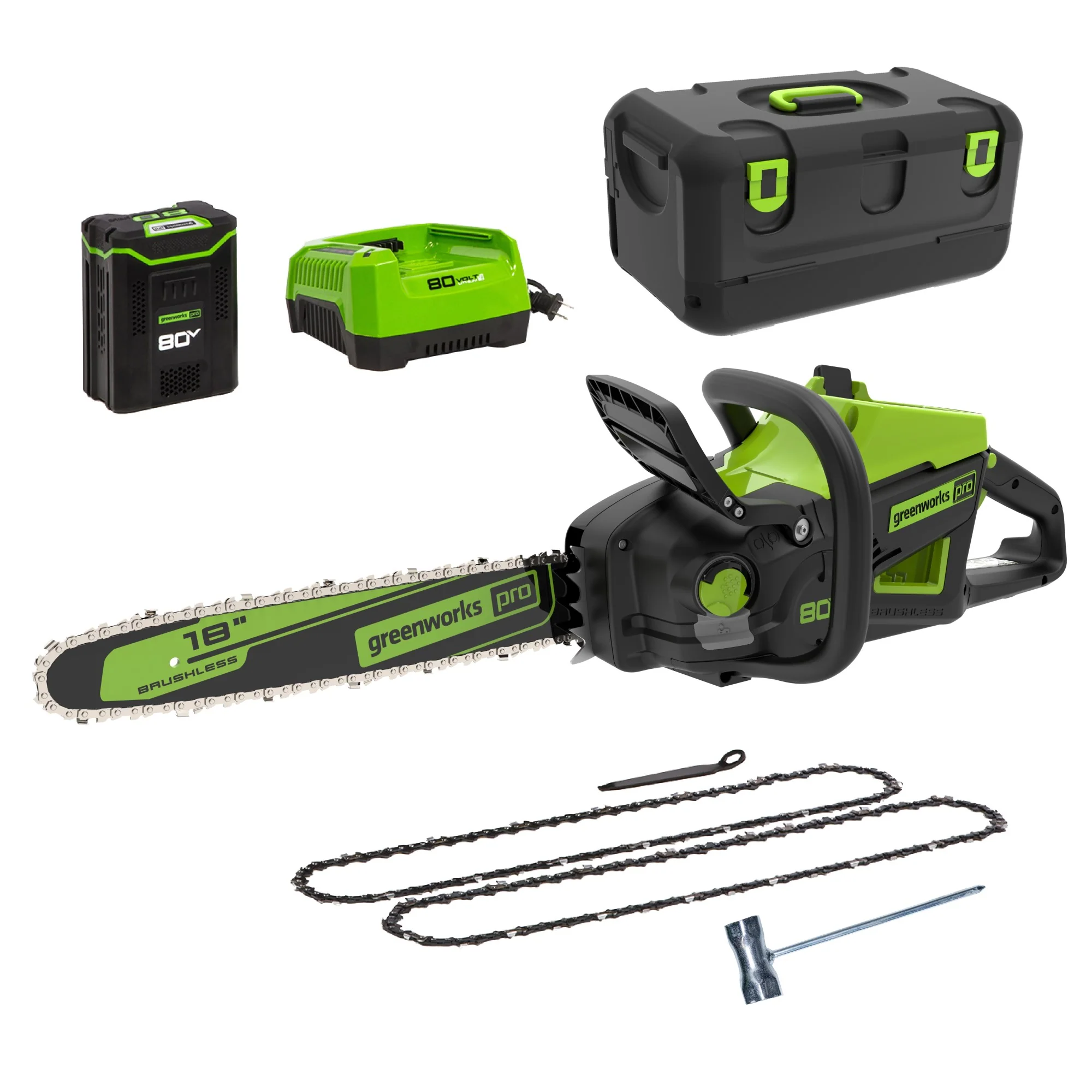 RENEWED 80V 18 2.5kW Cordless Battery Chainsaw (Sturdy Case, Chains Included) w/  4.0Ah Battery & 4A Charger)