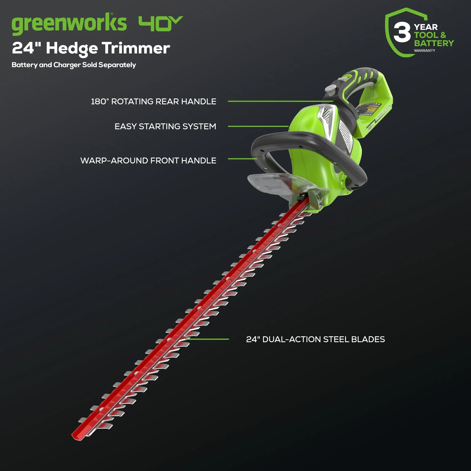 40V 12 Cordless Battery String Trimmer, 550 CFM Blower & 24 Hedge Trimmer Combo Kit w/ 2.0 Ah Battery & Charger