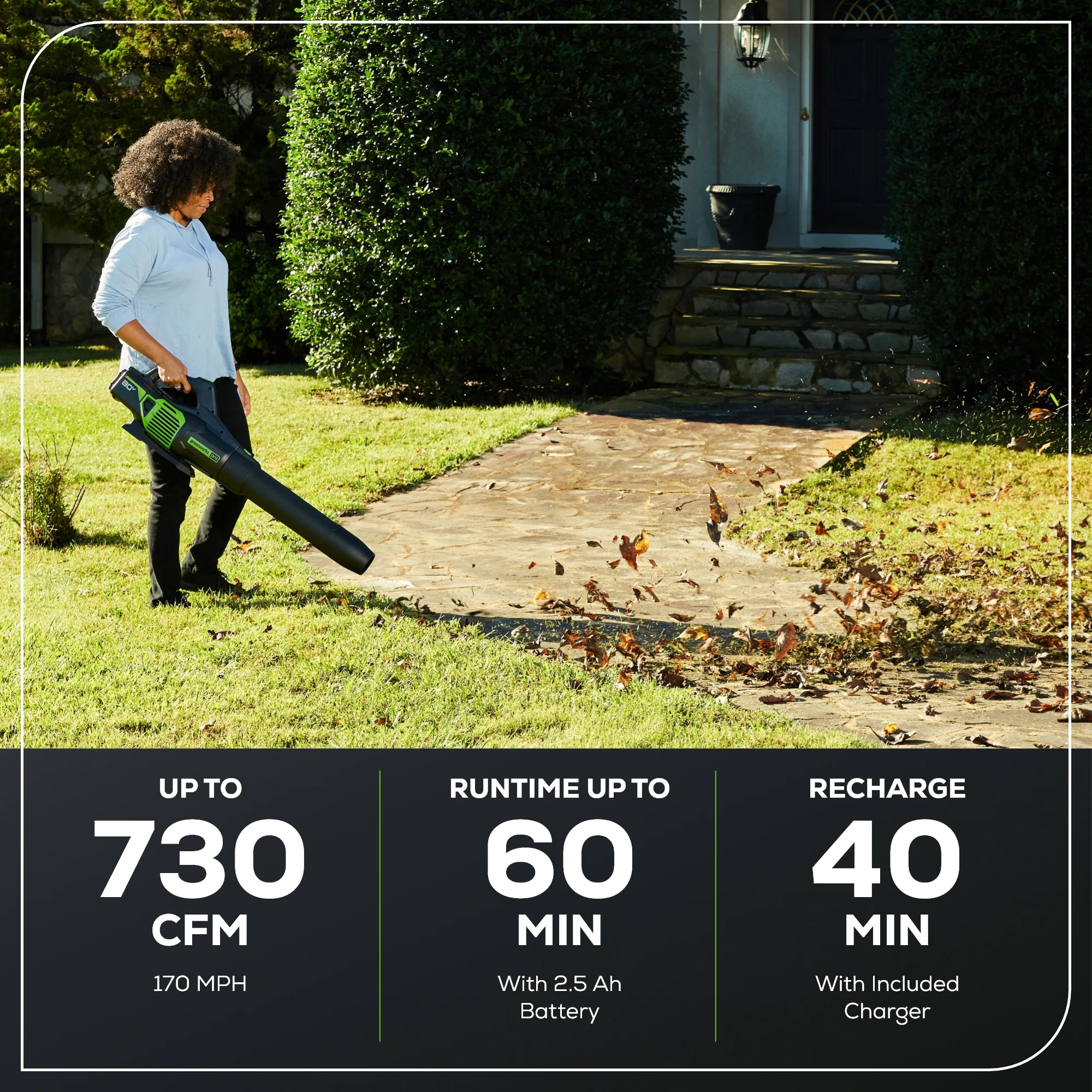 RENEWED 80V 730 CFM Cordless Battery Leaf Blower w/ 2.5Ah Battery & Rapid Charger