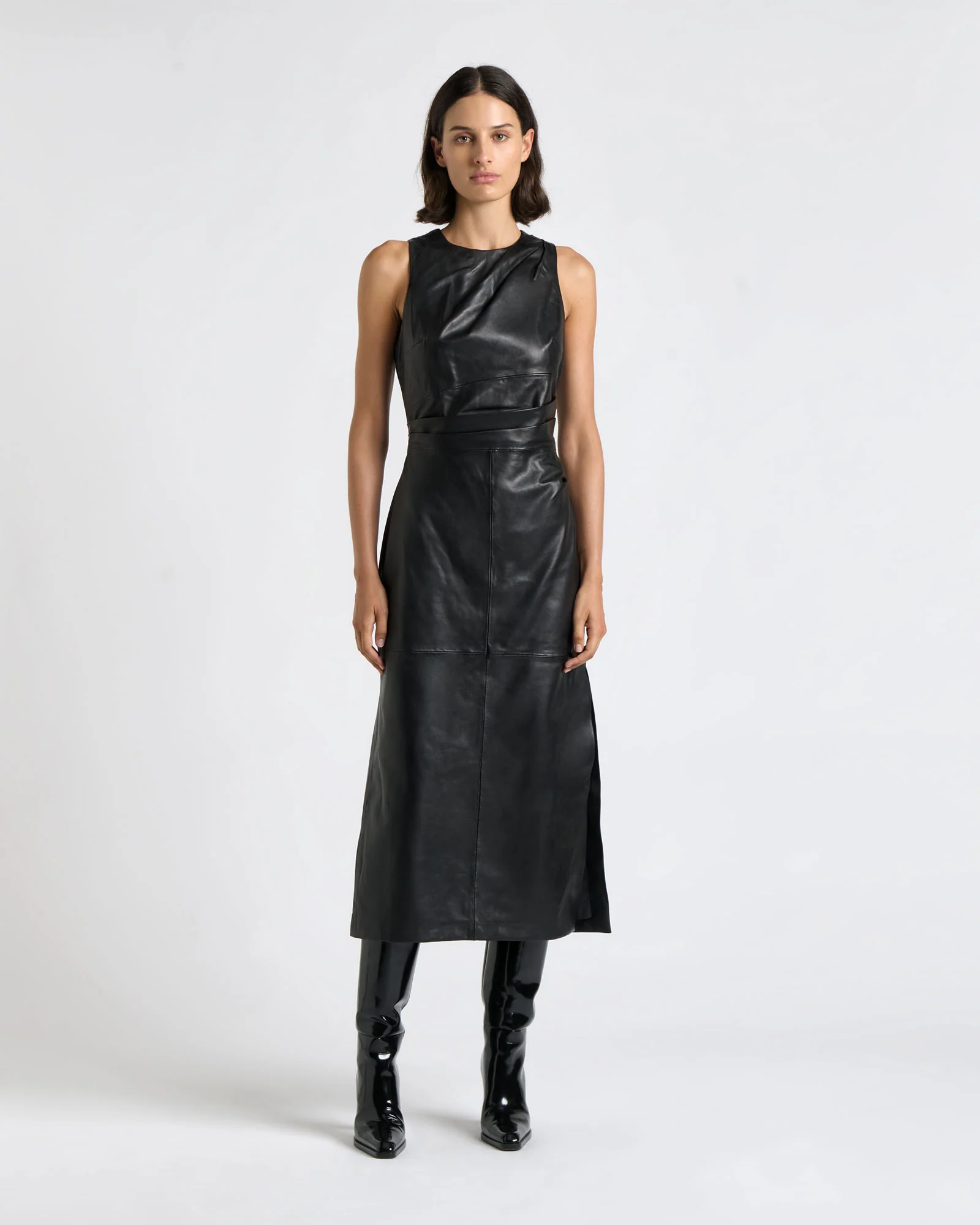 Leather Tucked Midi Dress