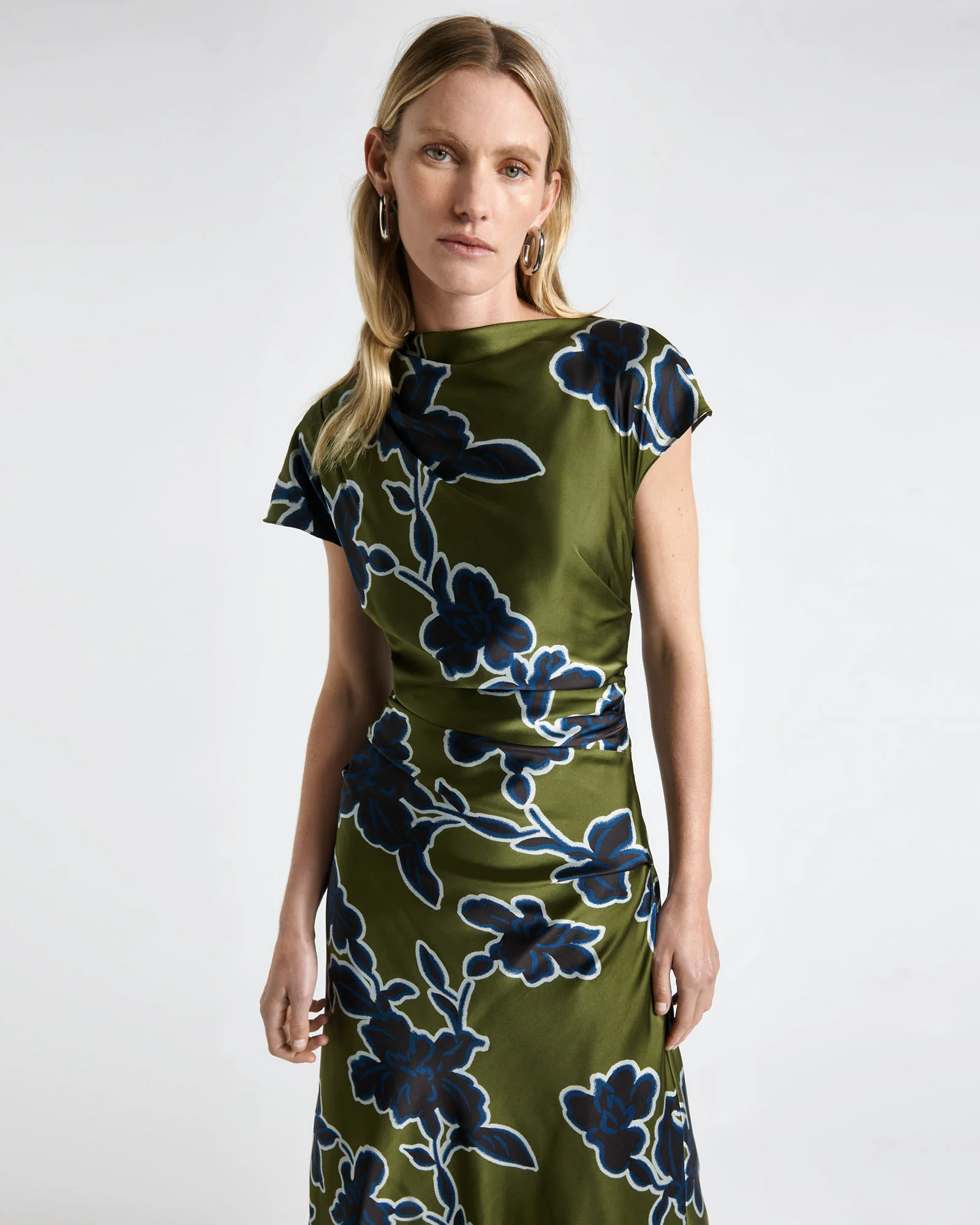 Olivine Illustrated Floral Satin Midi Dress