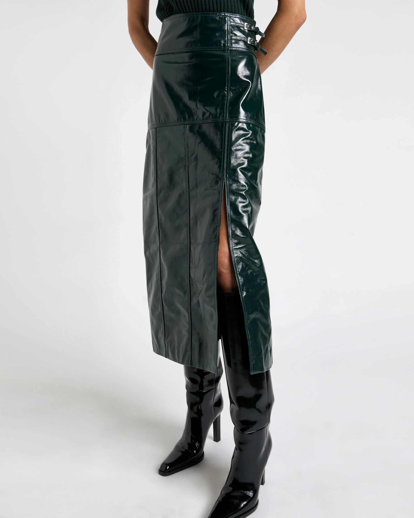 Patent Leather Stitched Midi Skirt