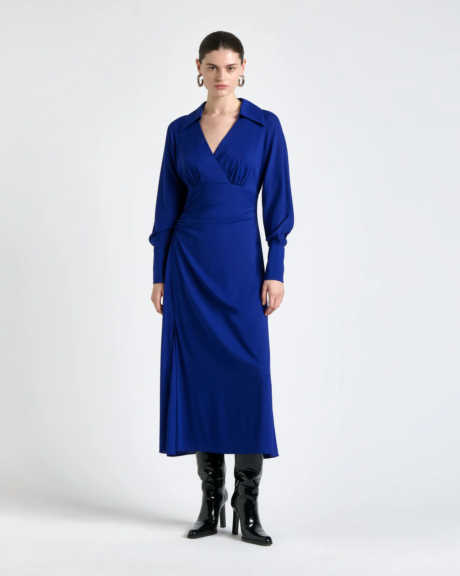 Cobalt Long Sleeve Ruched Midi Dress