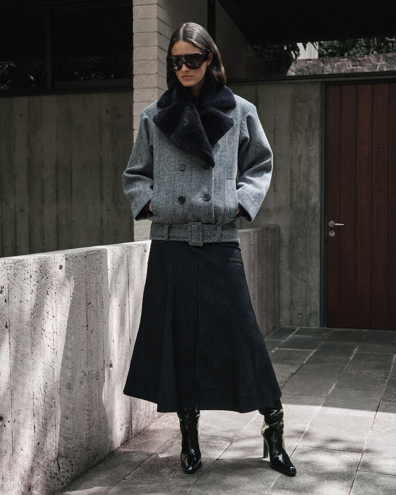 Wool Herringbone Coat With Faux Fur Collar