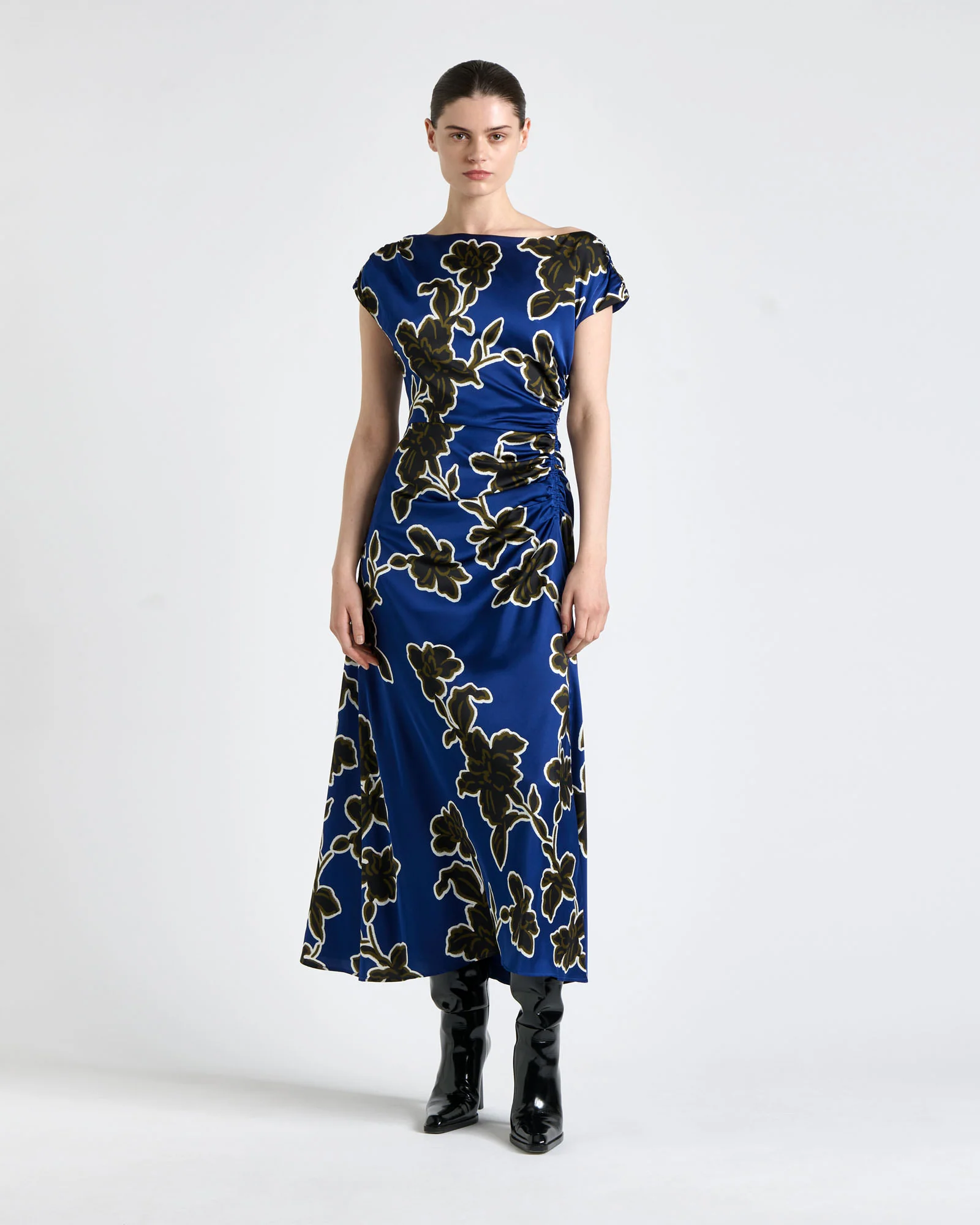 Cobalt Illustrated Floral Satin Draped Midi Dress