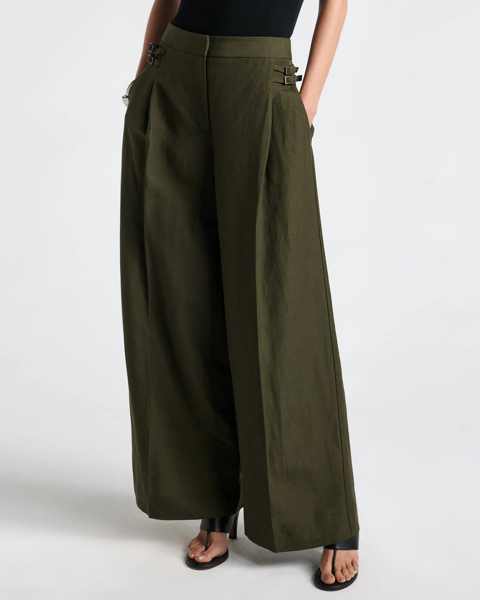 Dark Olive Linen Blend Wide Leg Pant