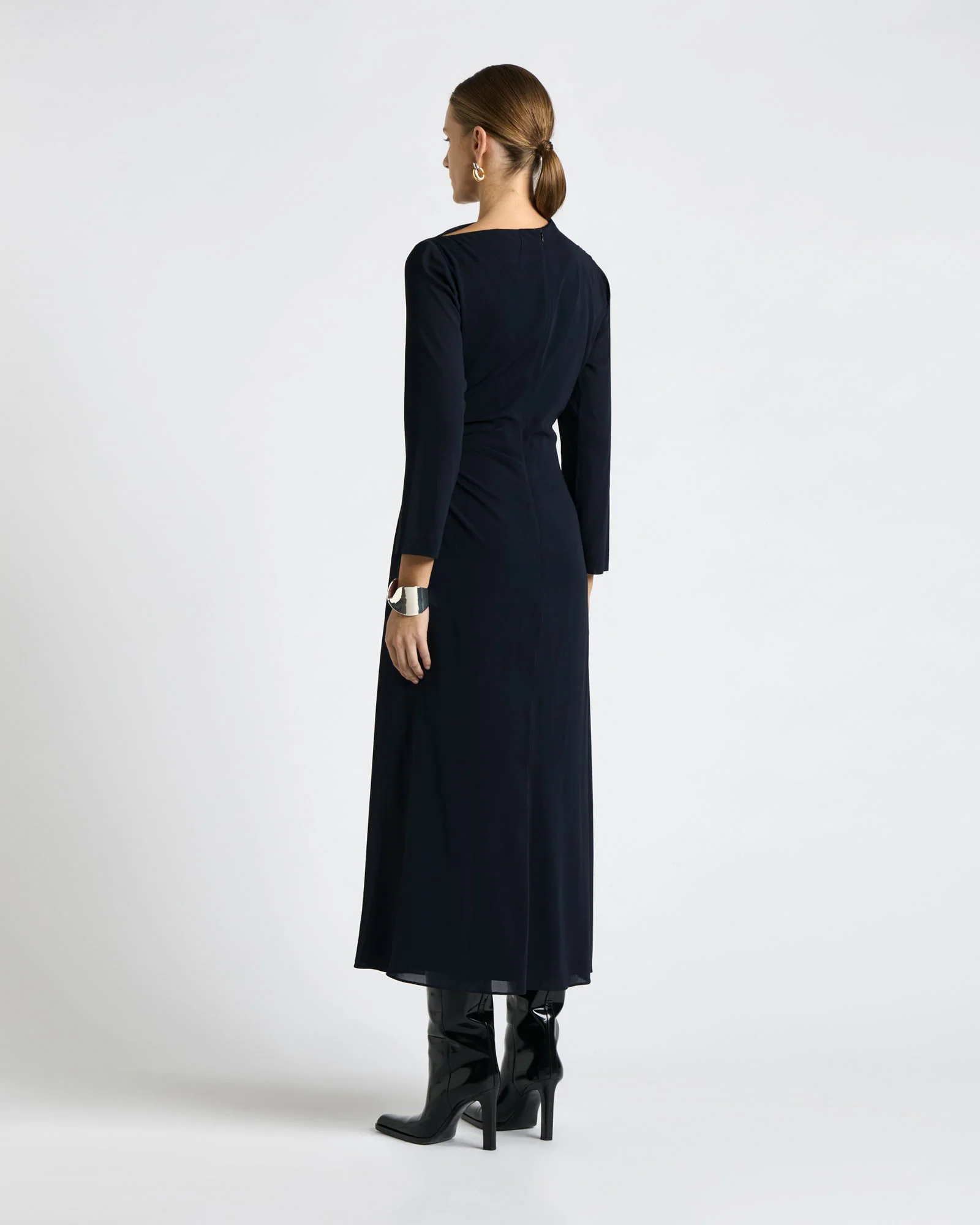Ink Soft Viscose Draped Long Sleeve Dress