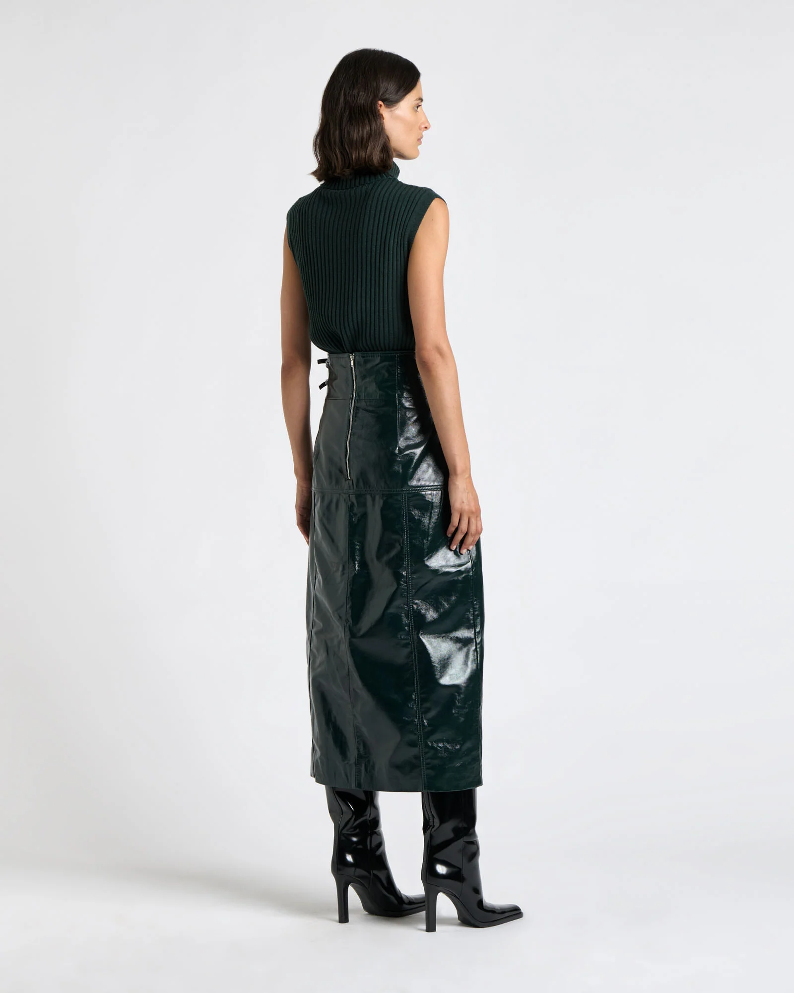 Patent Leather Stitched Midi Skirt