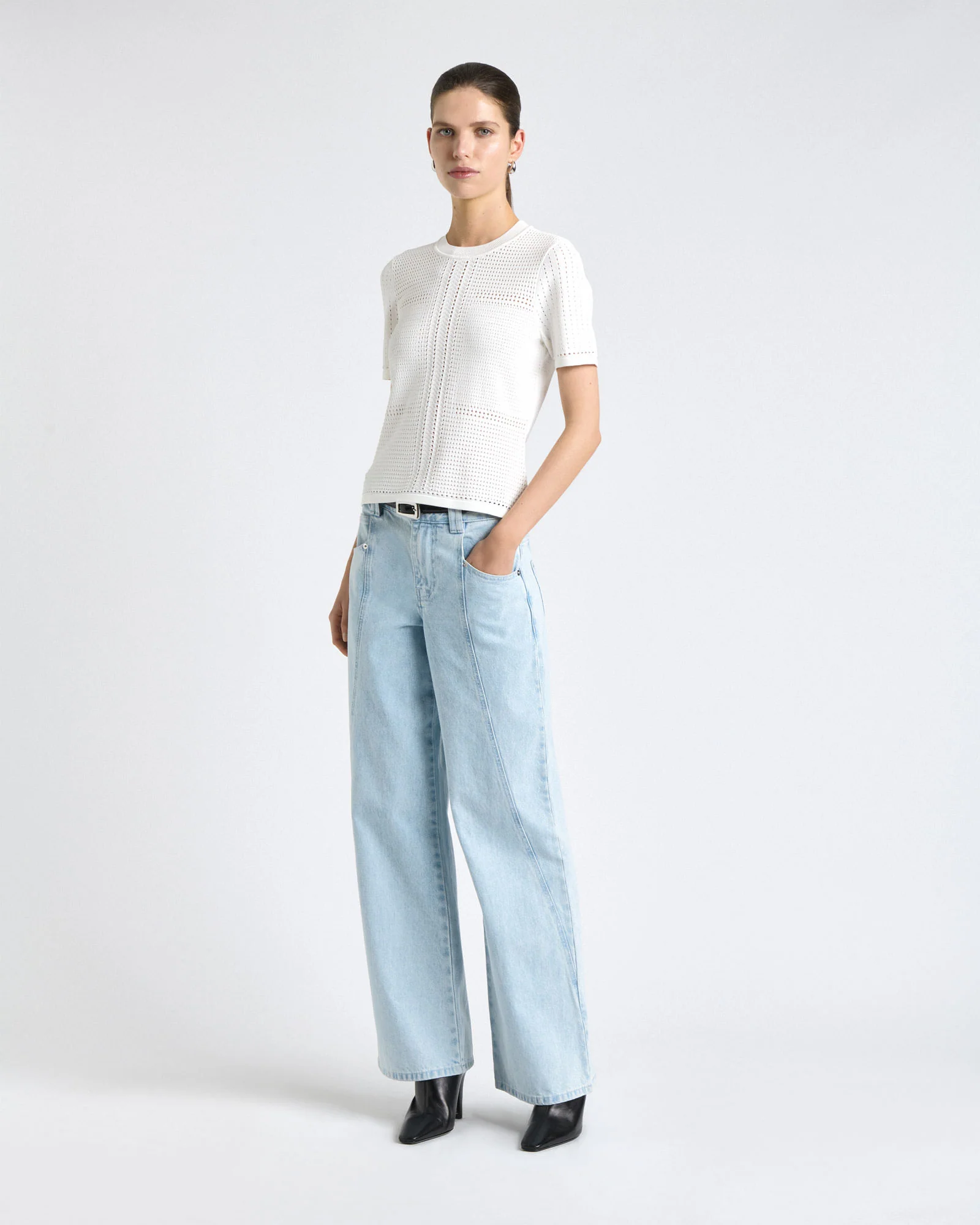 Perforated Short Sleeve Knit Top