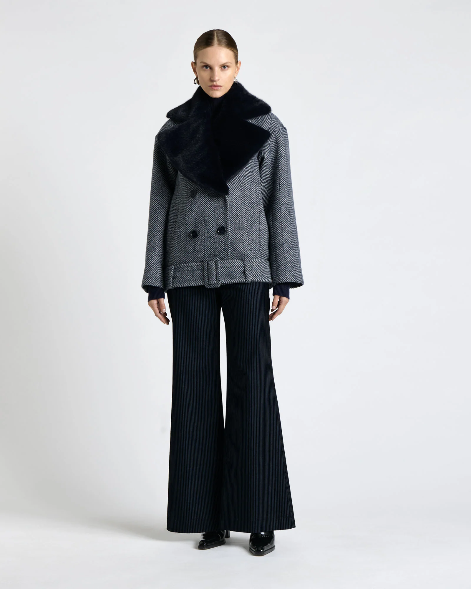Wool Herringbone Coat With Faux Fur Collar