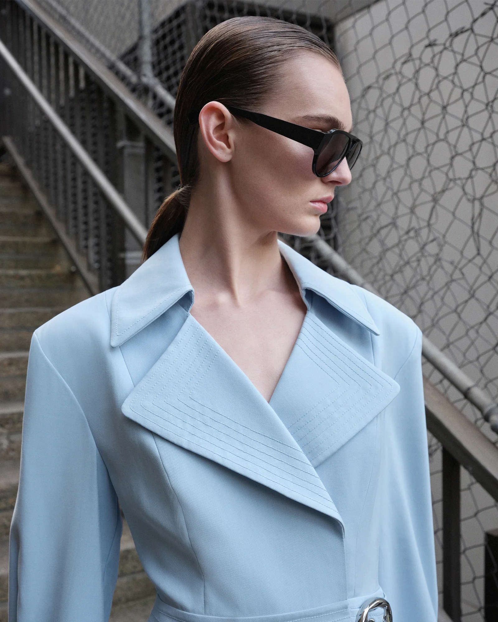 Pale Blue Viscose Twill Trench Mini Dress