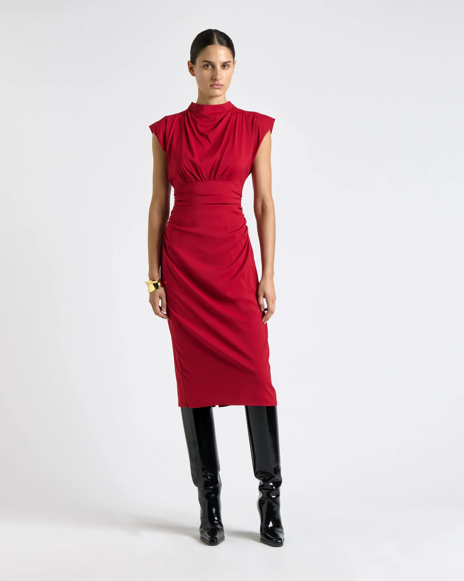 Stretch Viscose Ruched Waist Midi Dress