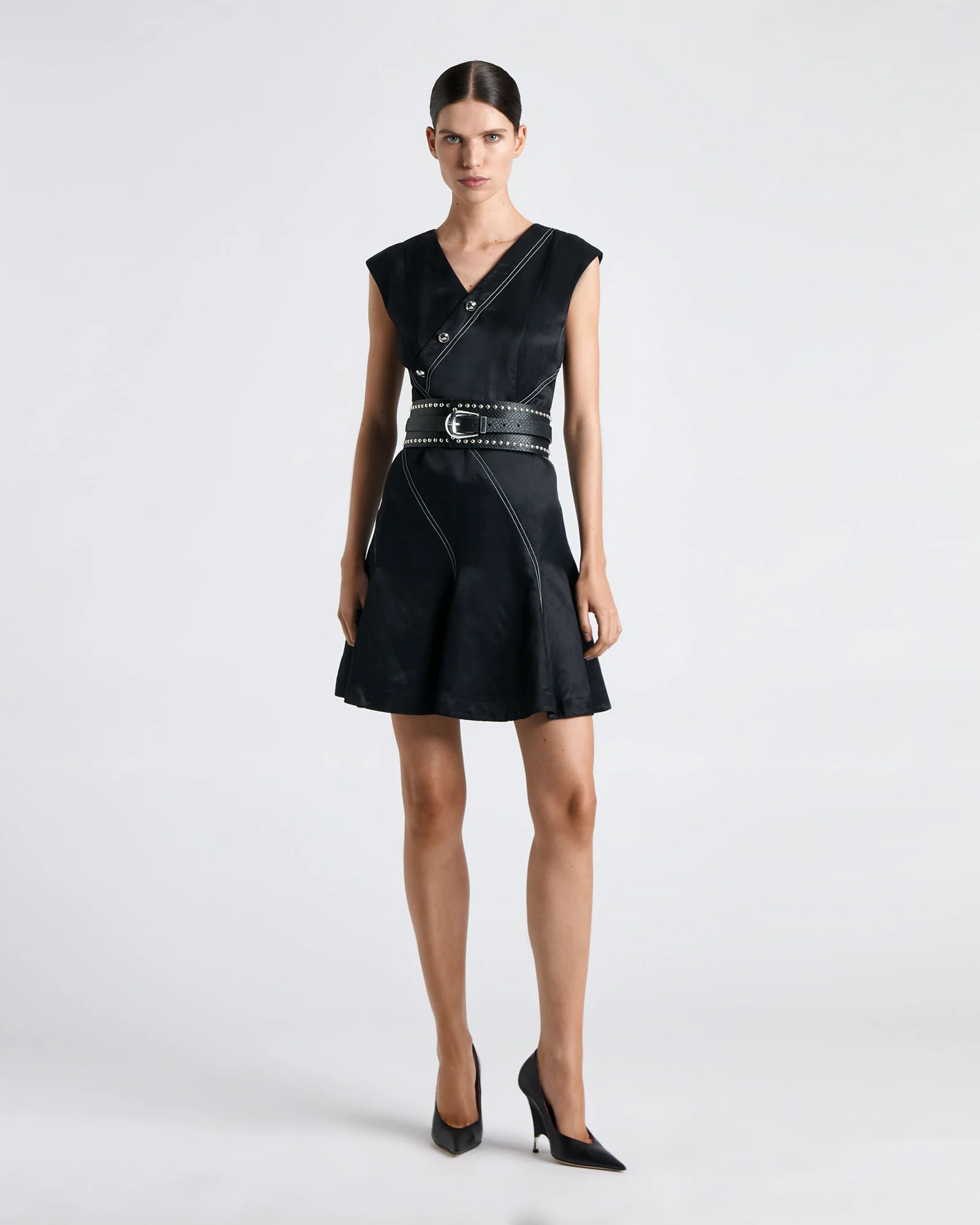 Topstitched Asymmetric Button Mini Dress