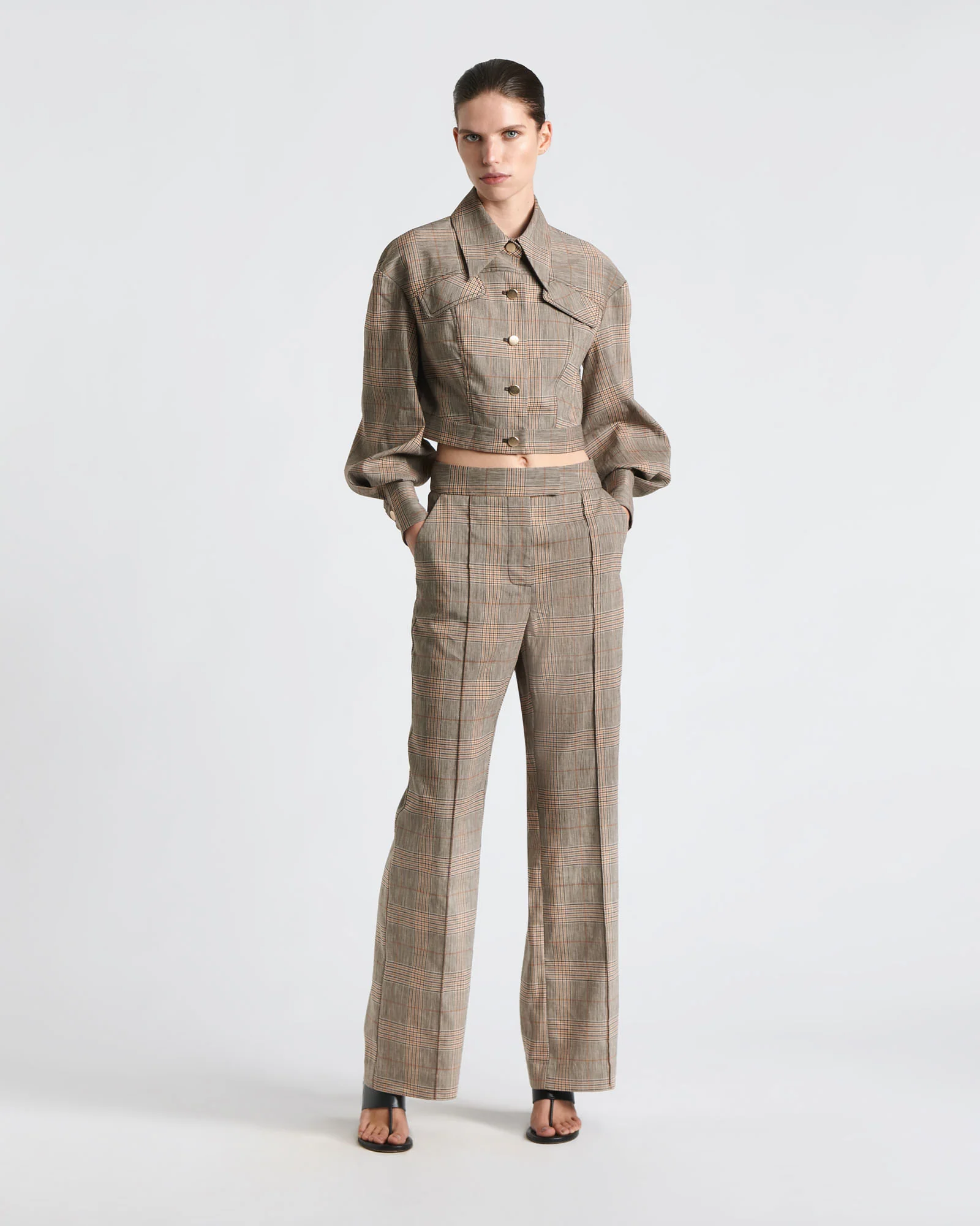 European Linen Wool Check Wide Leg Pant