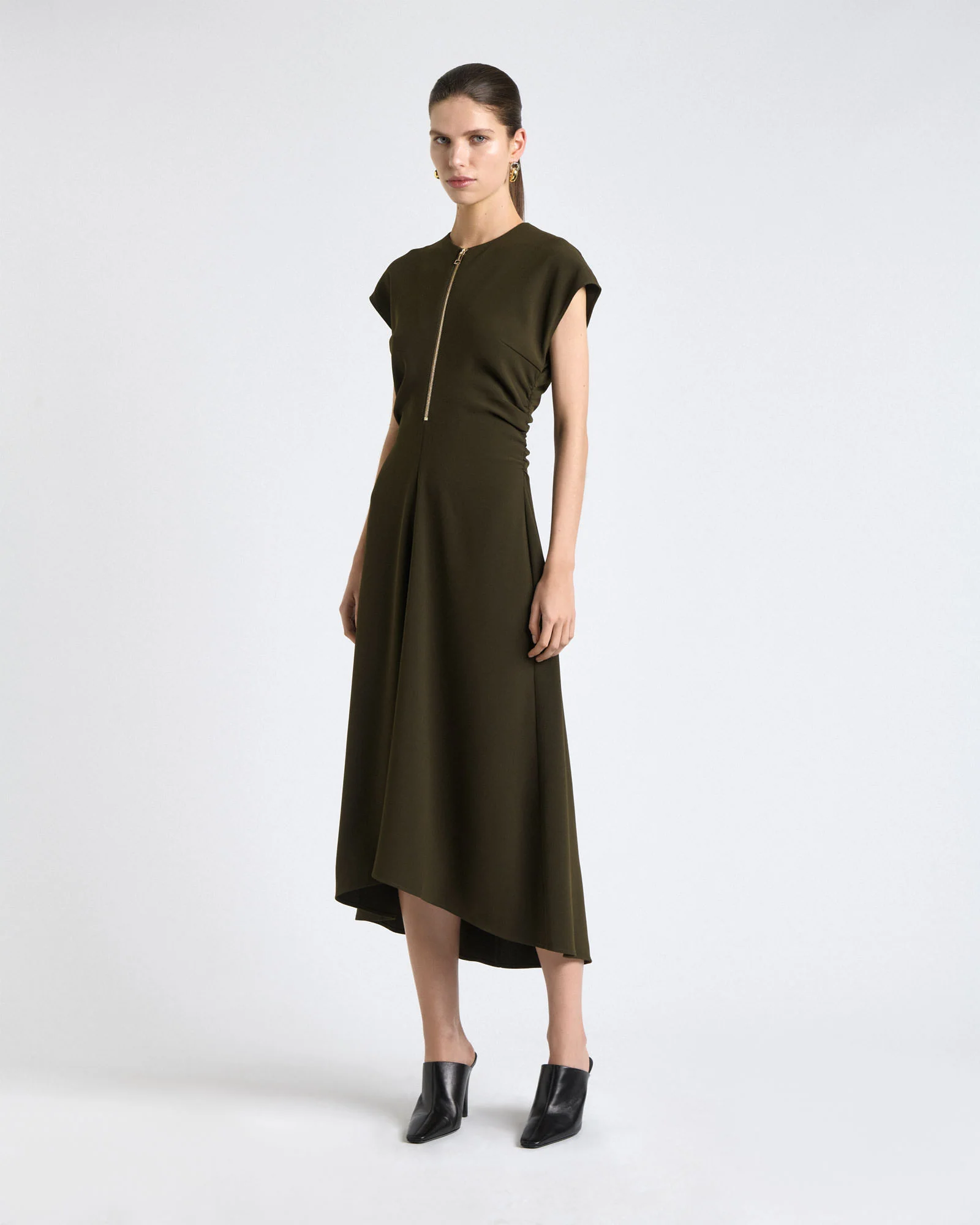 Olive Recycled Crepe Zip Front Midi Dress
