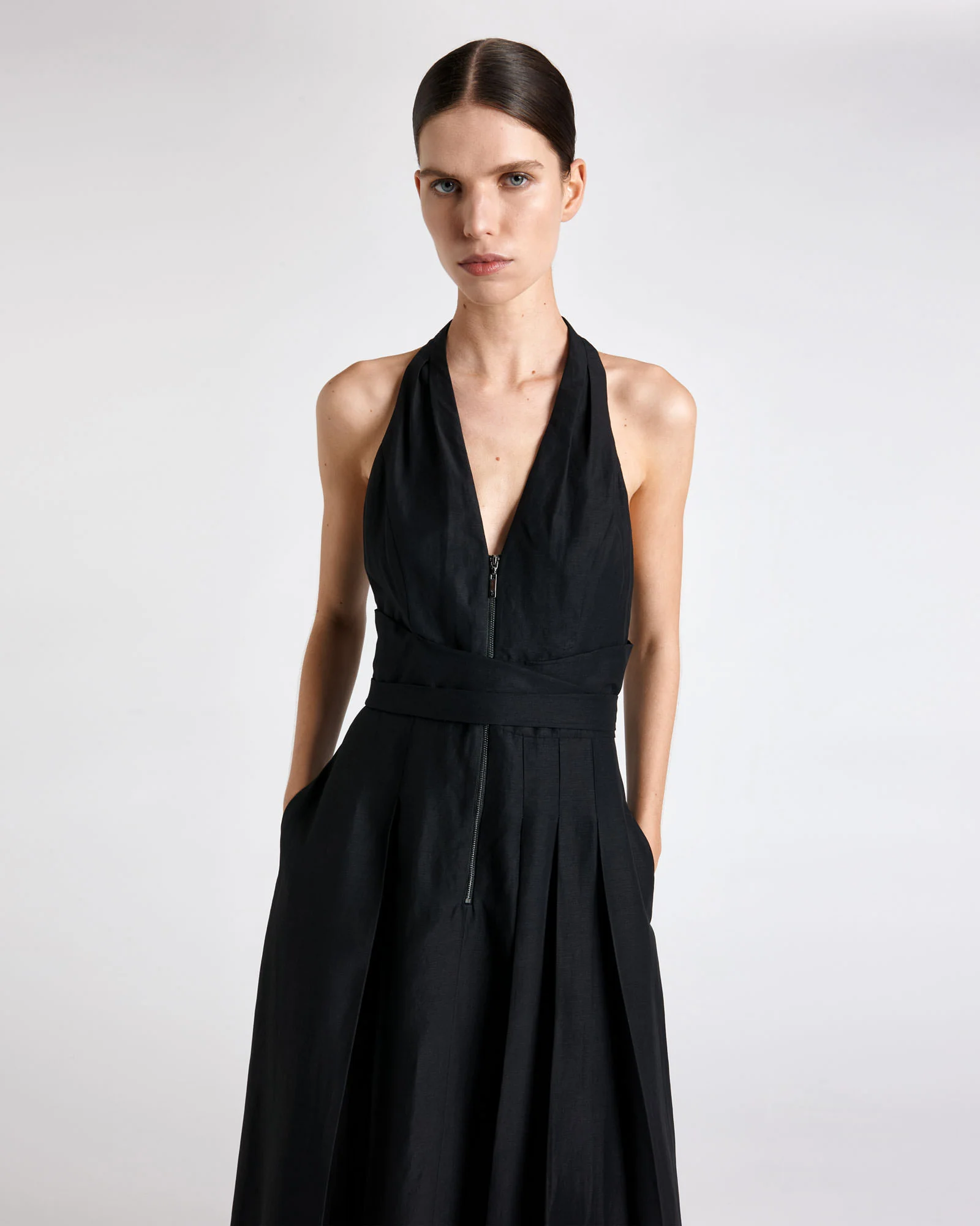 Topstitched Halterneck Midi Dress