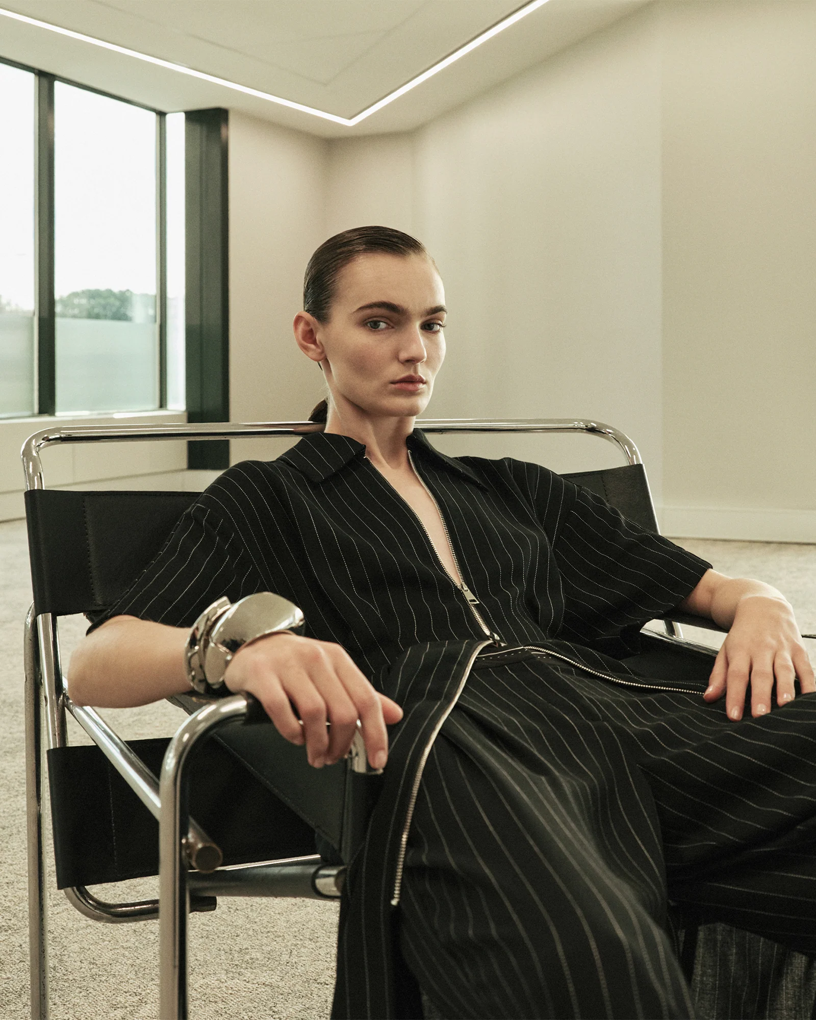 Sheer Stripe Zip Front Midi Dress