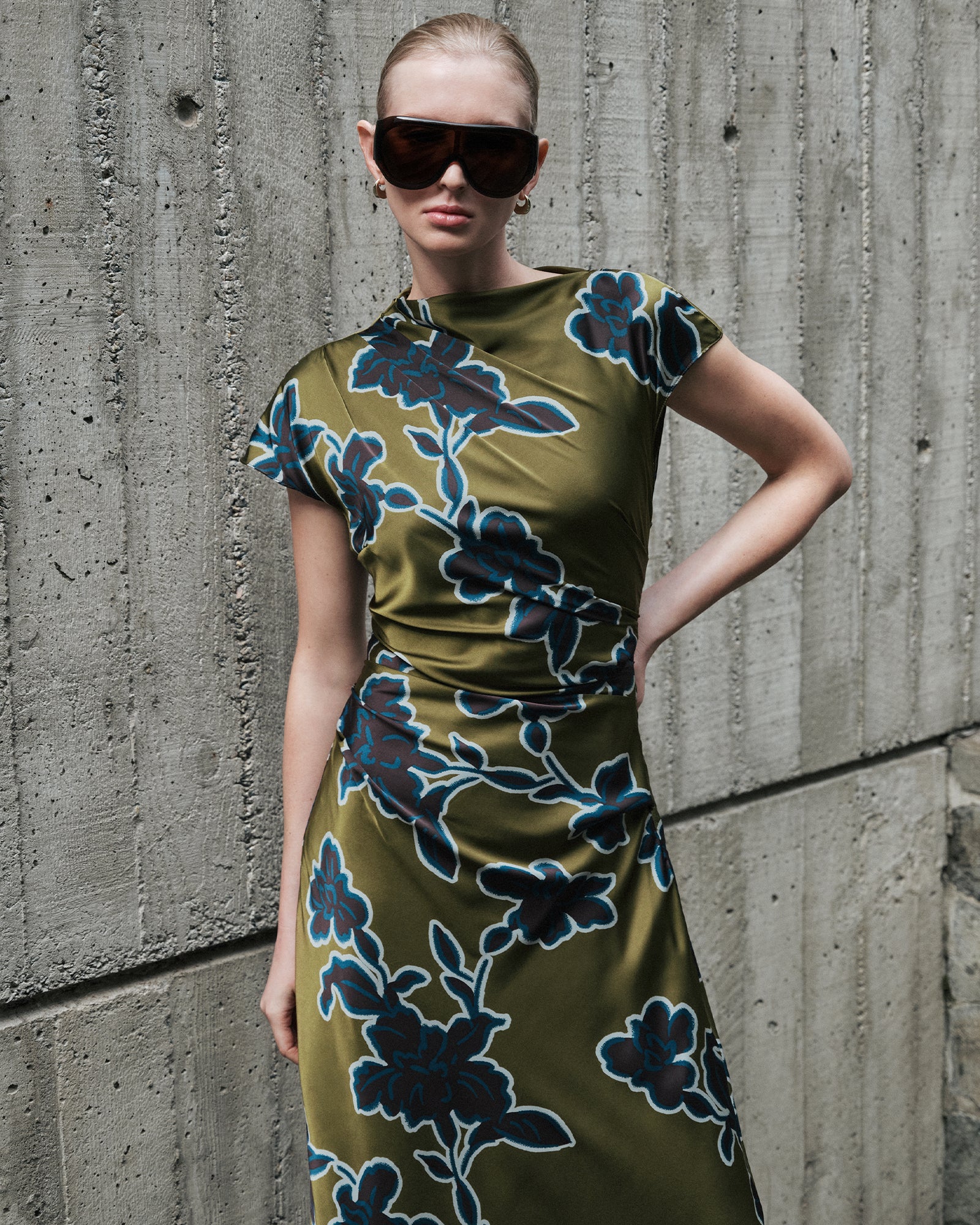 Olivine Illustrated Floral Satin Midi Dress