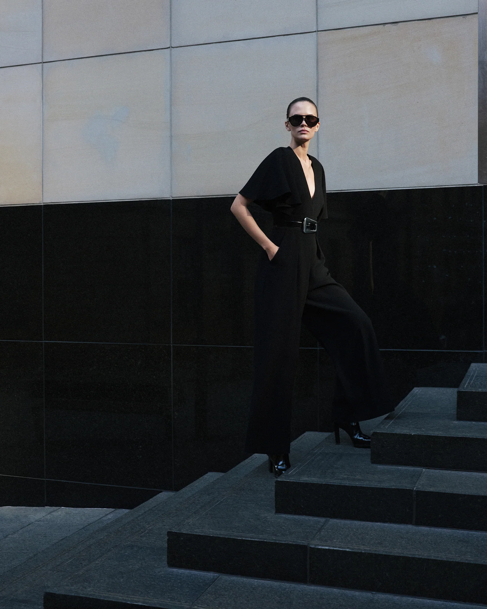 Recycled Crepe Deep V-Neck Jumpsuit