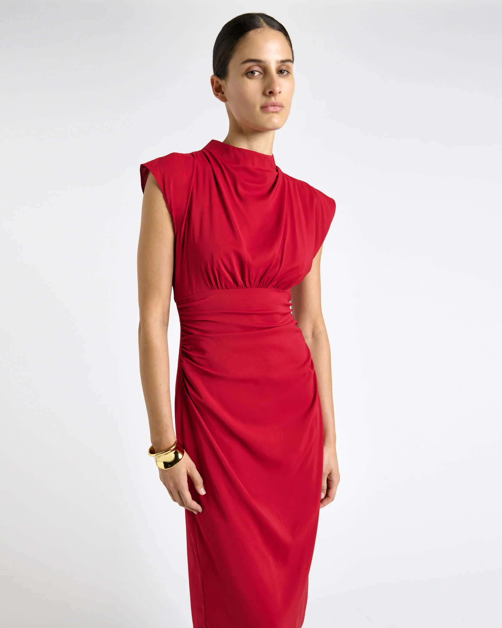 Stretch Viscose Ruched Waist Midi Dress