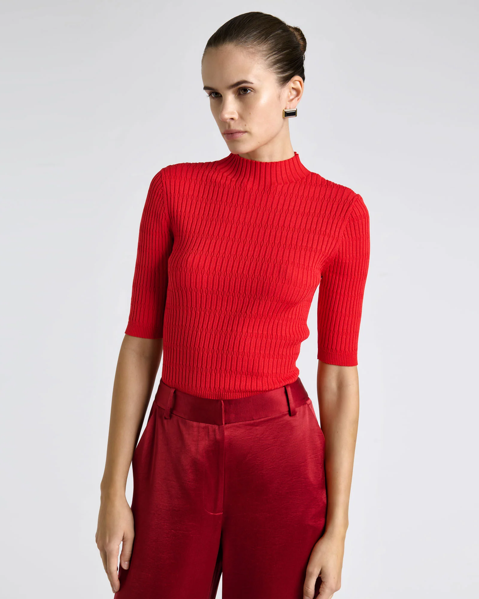 Textured Elbow Sleeve Funnel Neck Knit
