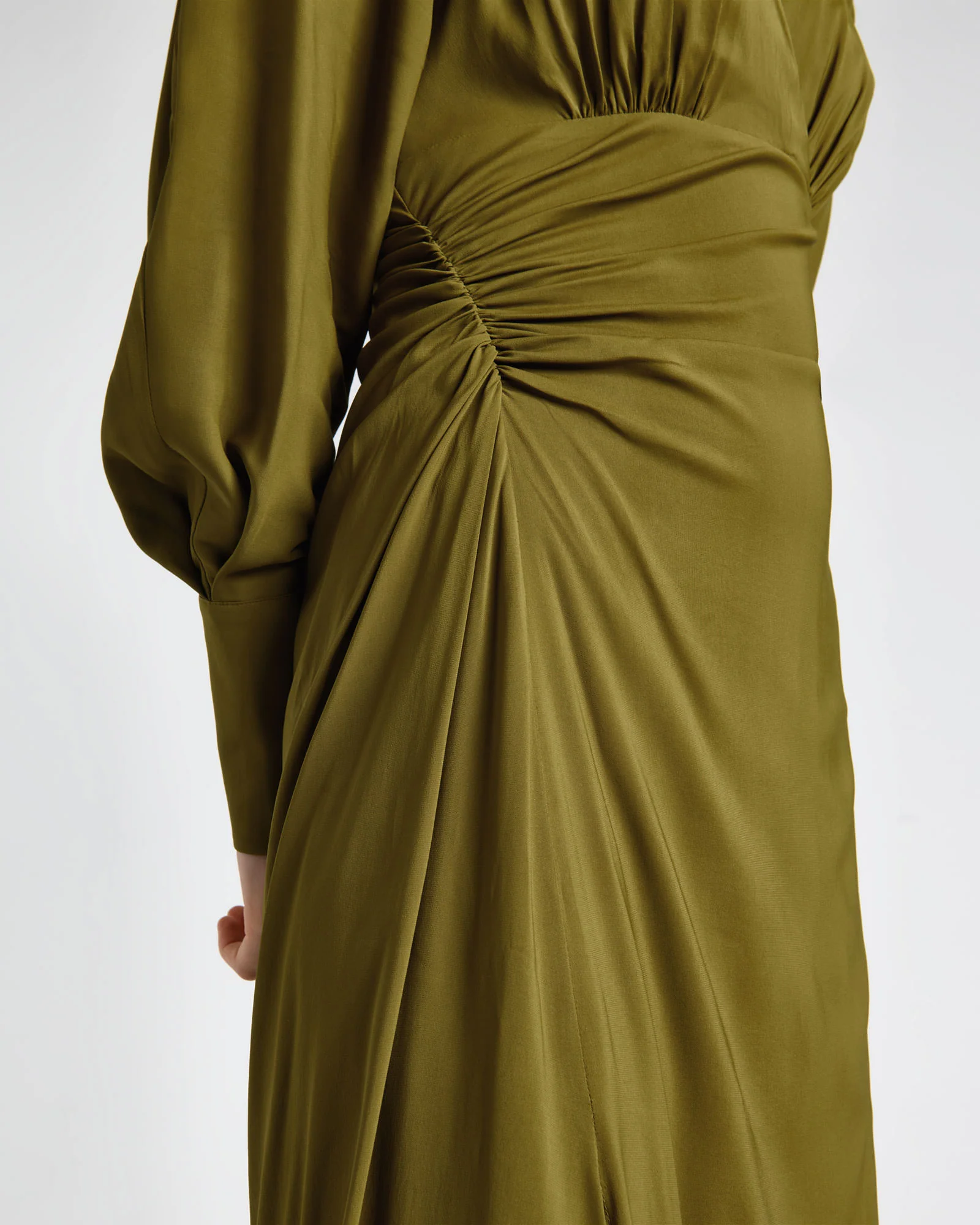 Olive Long Sleeve Ruched Midi Dress
