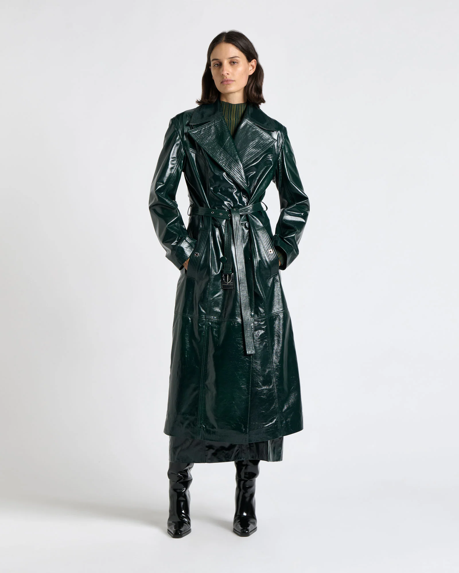 Patent Leather Stitched Maxi Trench