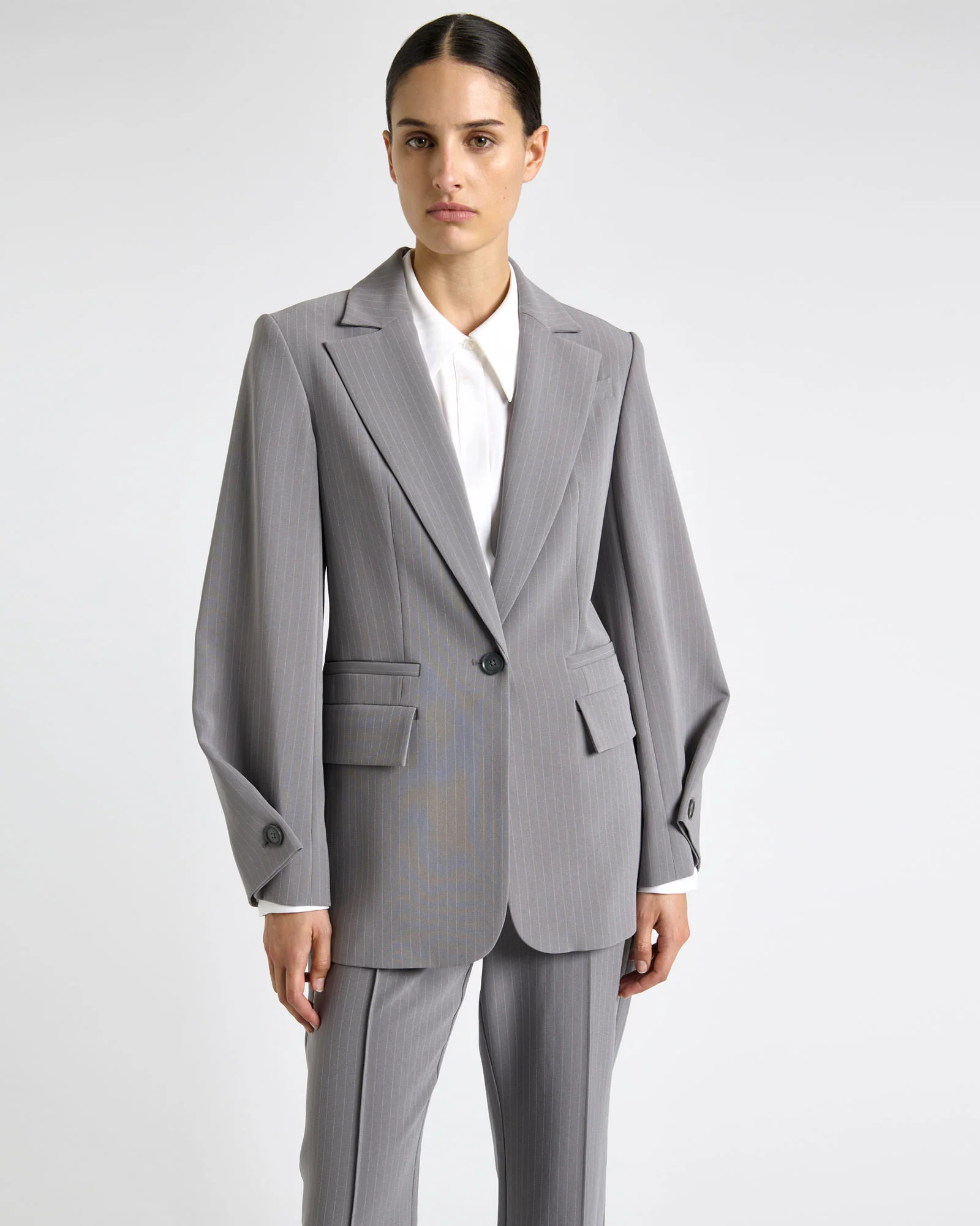 Oyster Acetate Pinstripe Button Sleeve Blazer