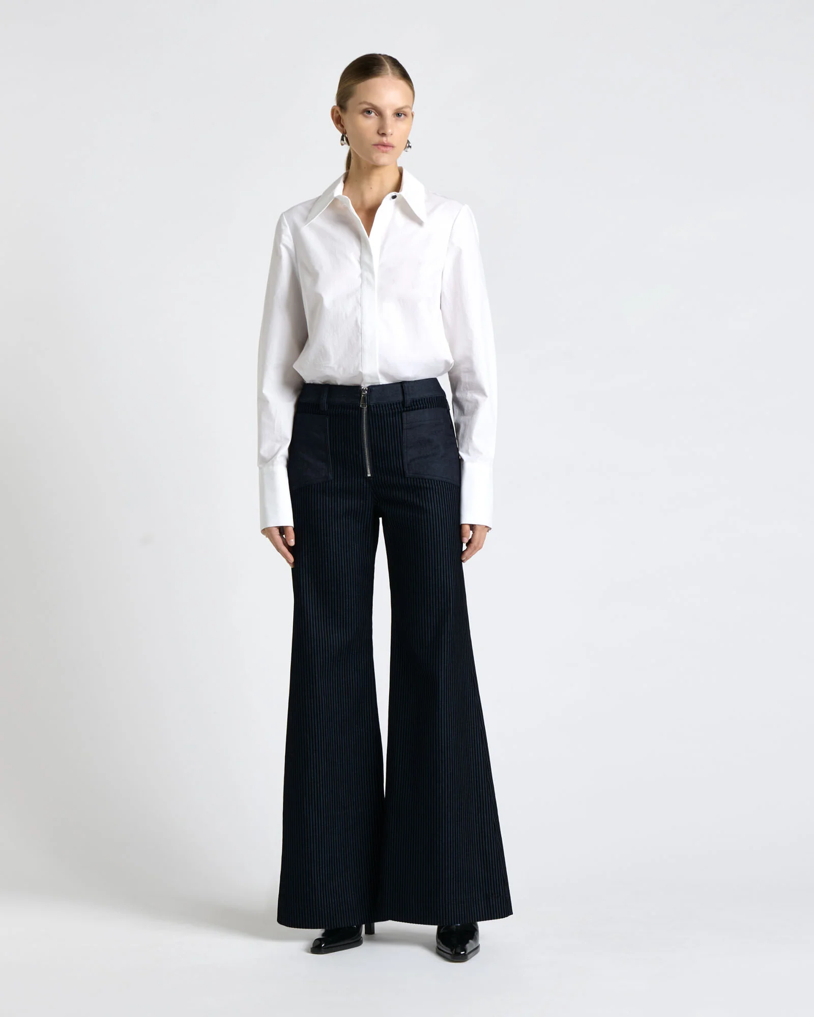 Striped Flocked Denim Wide Leg Jean