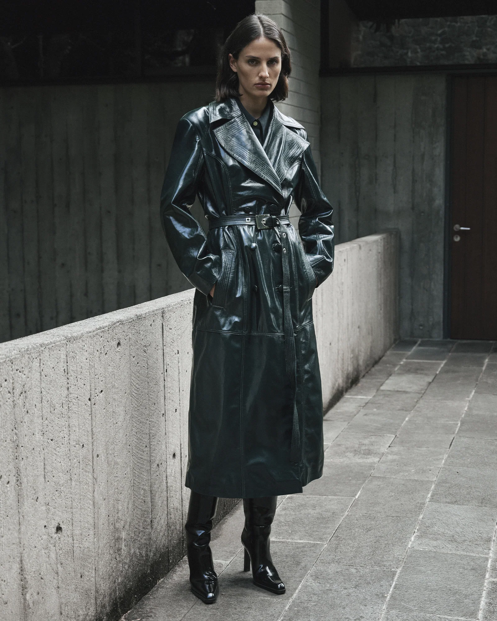 Patent Leather Stitched Maxi Trench