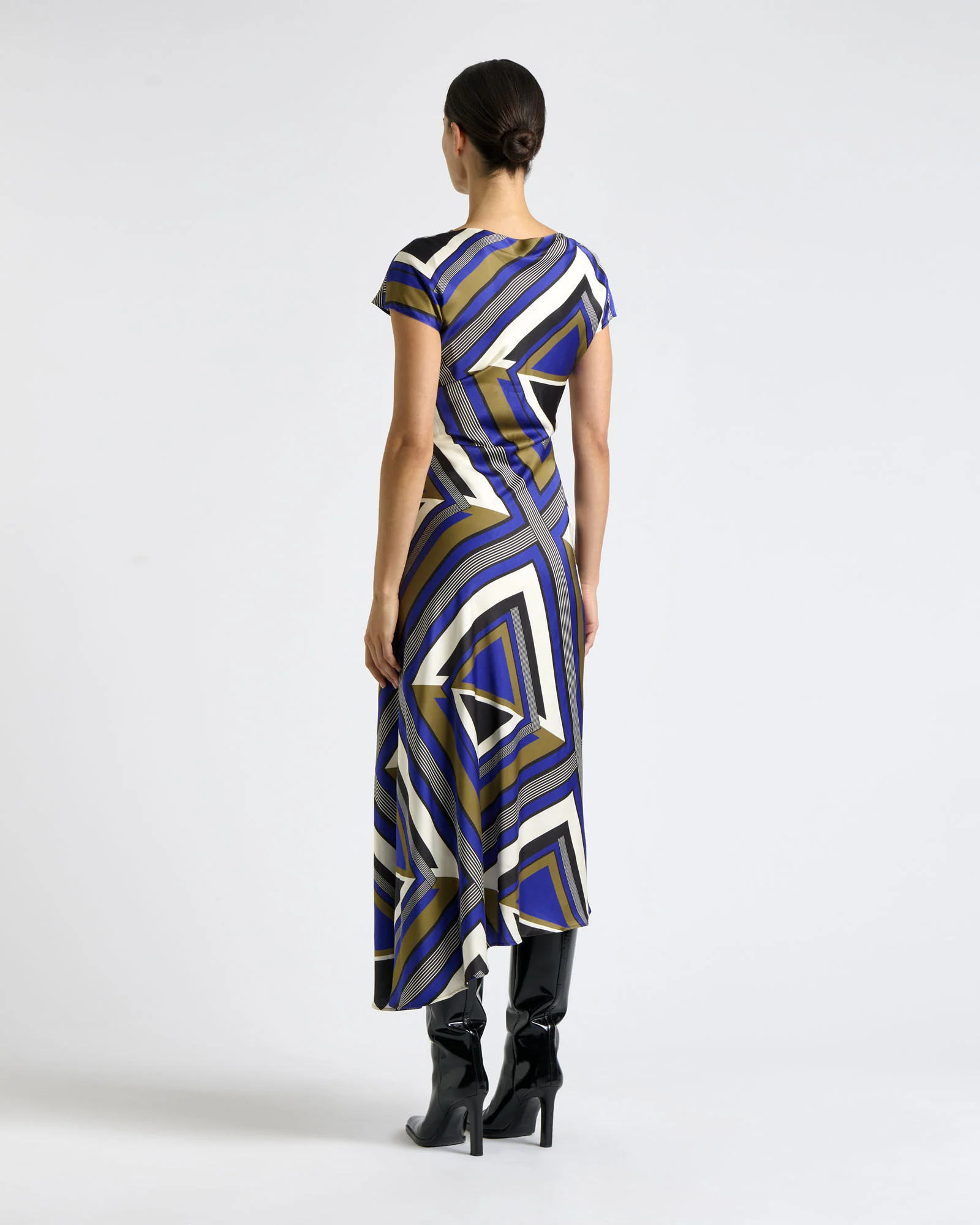 Cobalt Tile Draped Neck Asymmetric Dress