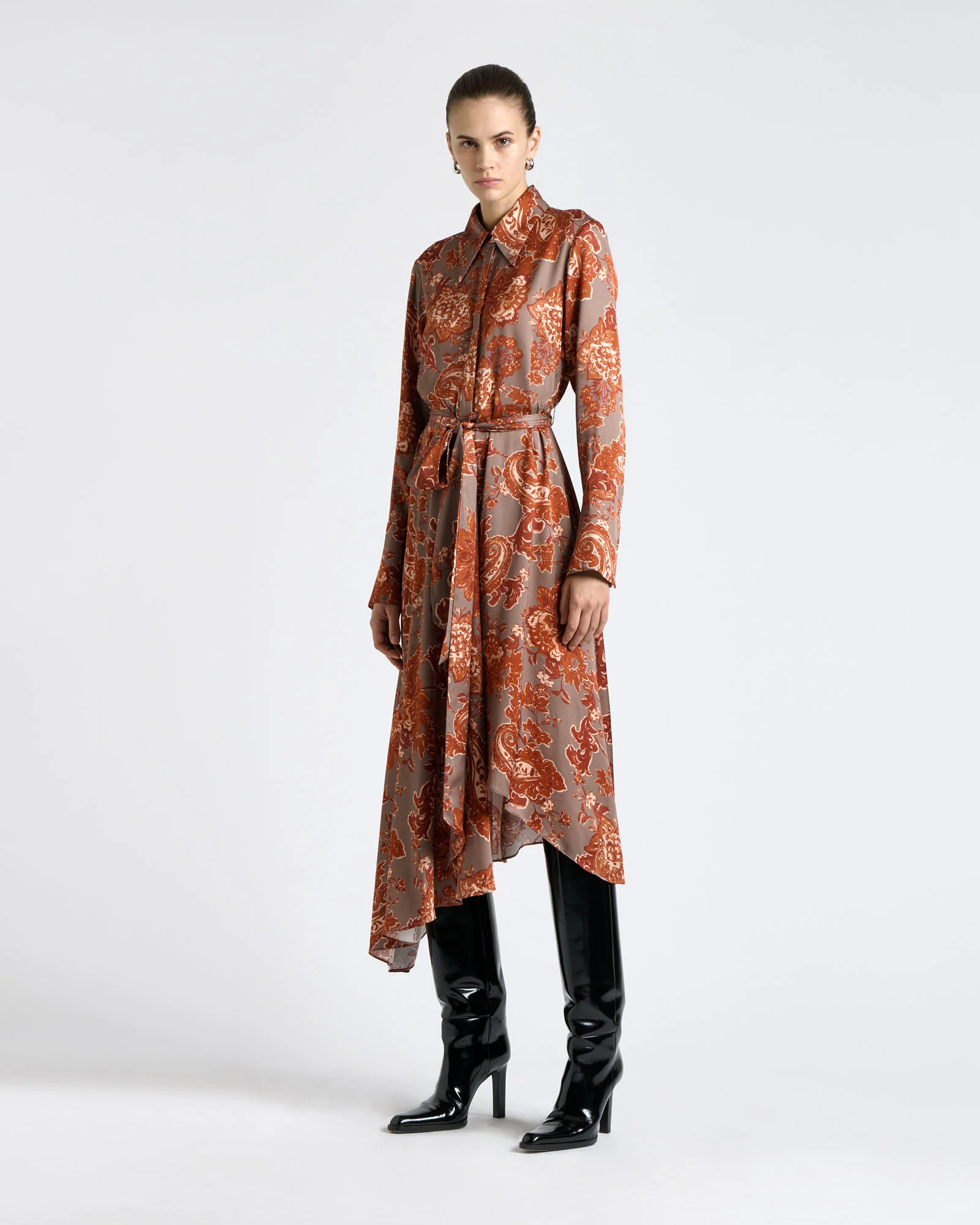 Rustic Bloom Satin Asymmetric Hem Midi Dress