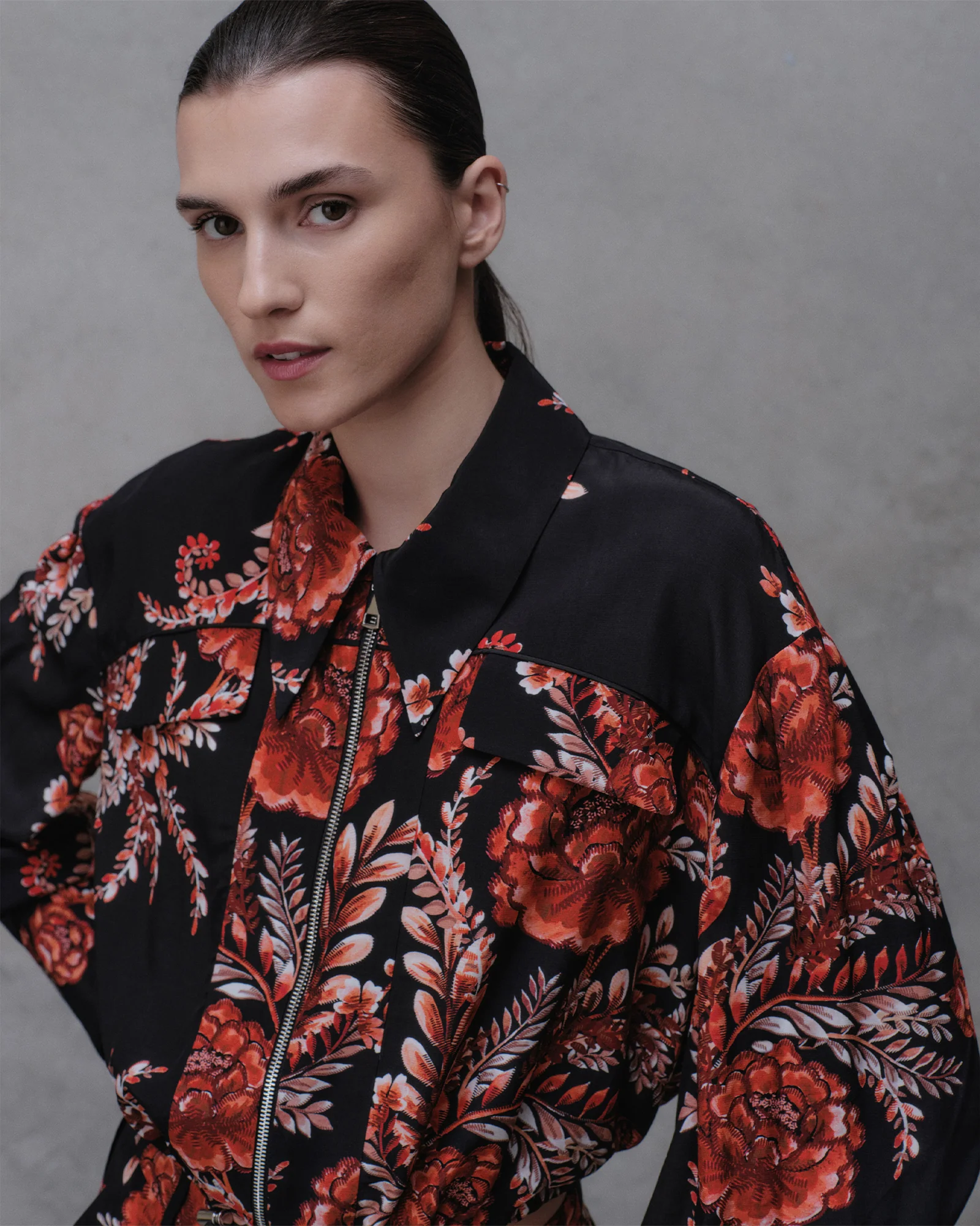 Etched Floral Viscose Cropped Bomber