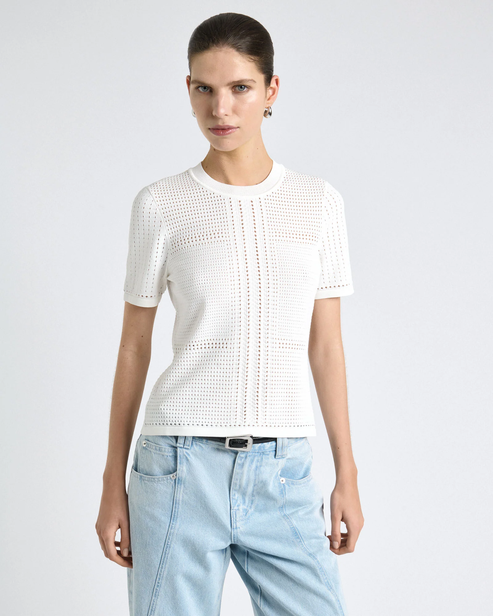 Perforated Short Sleeve Knit Top