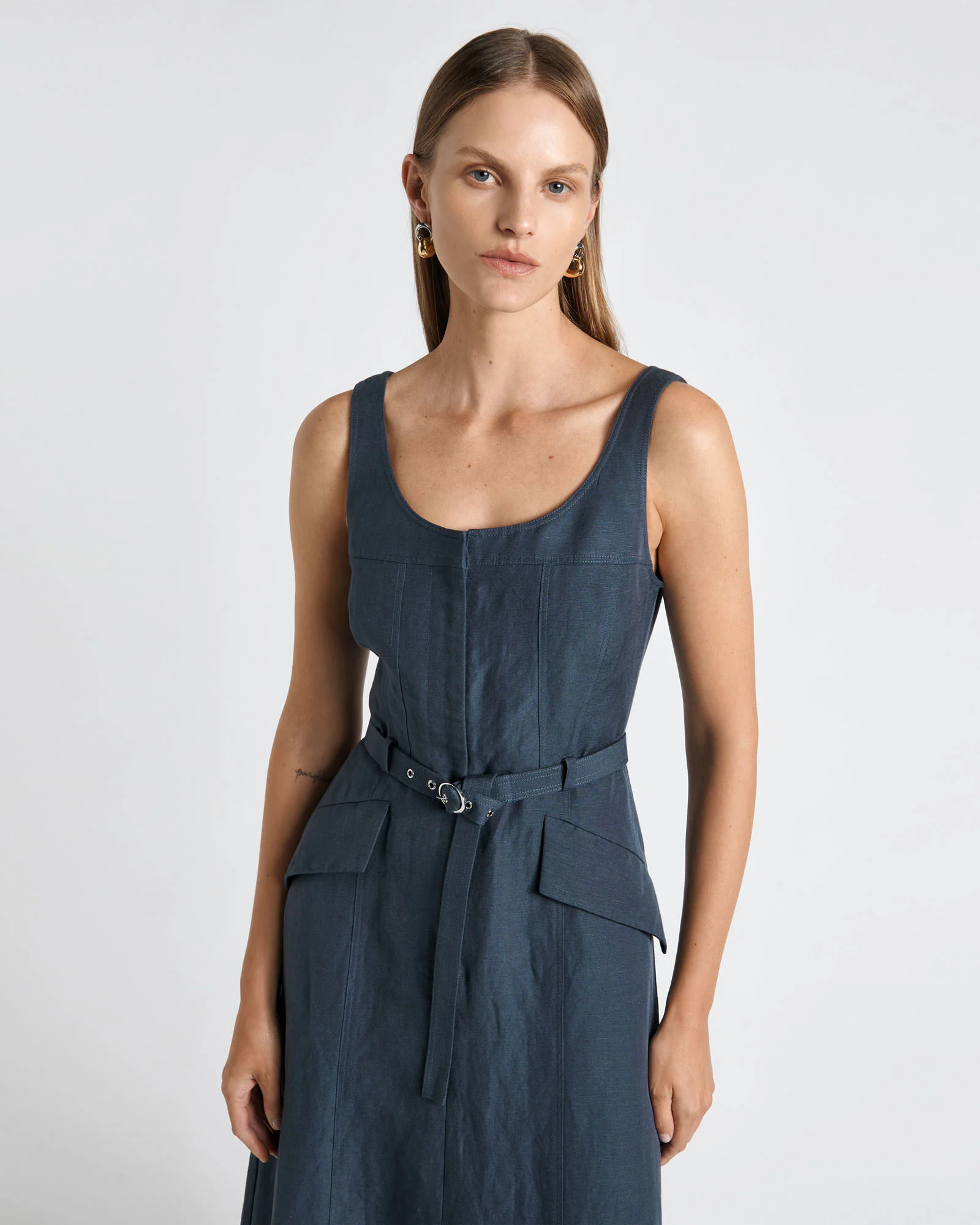 Linen Blend Buckle Detail Midi Dress