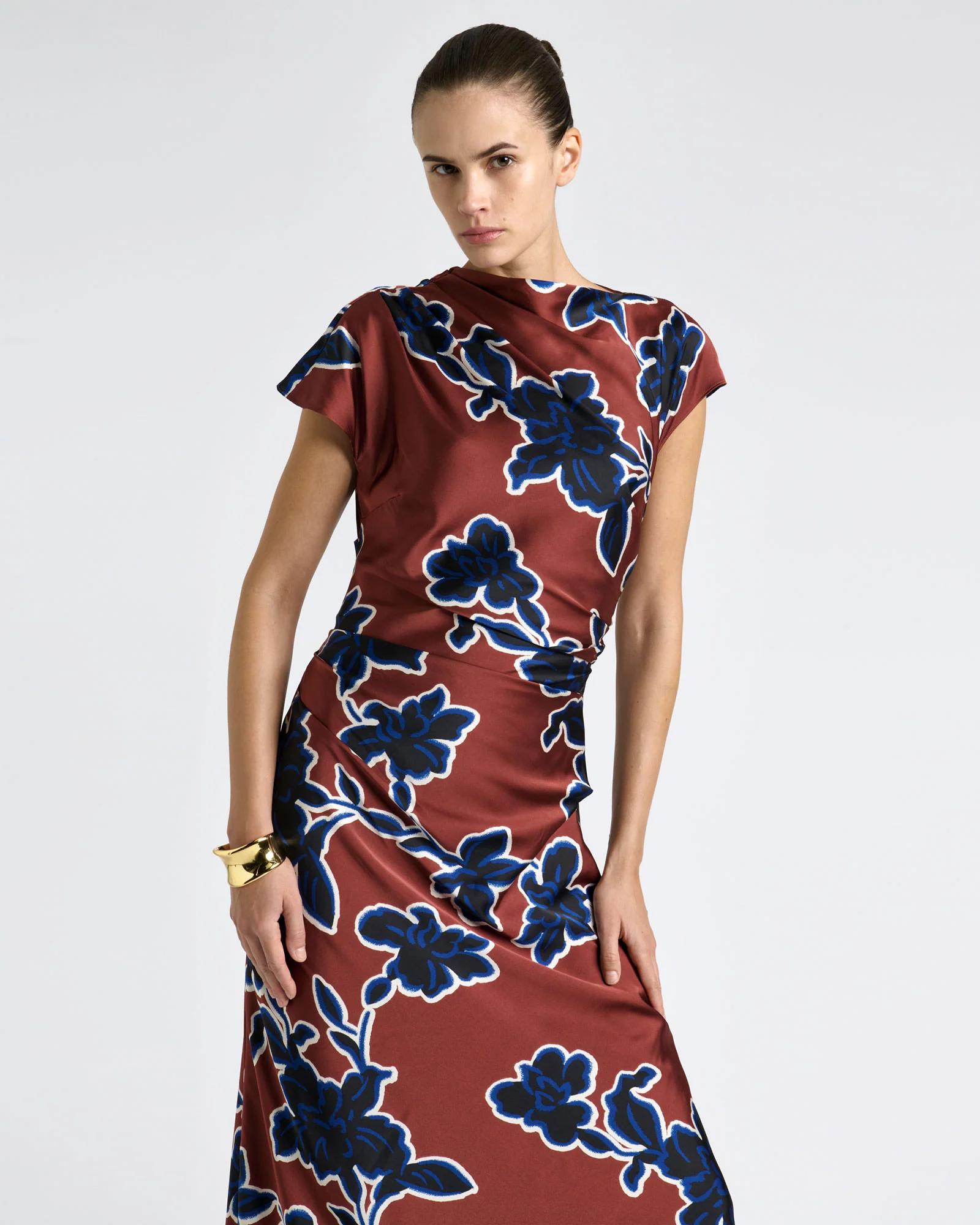 Rosewood Illustrated Floral Satin Midi Dress
