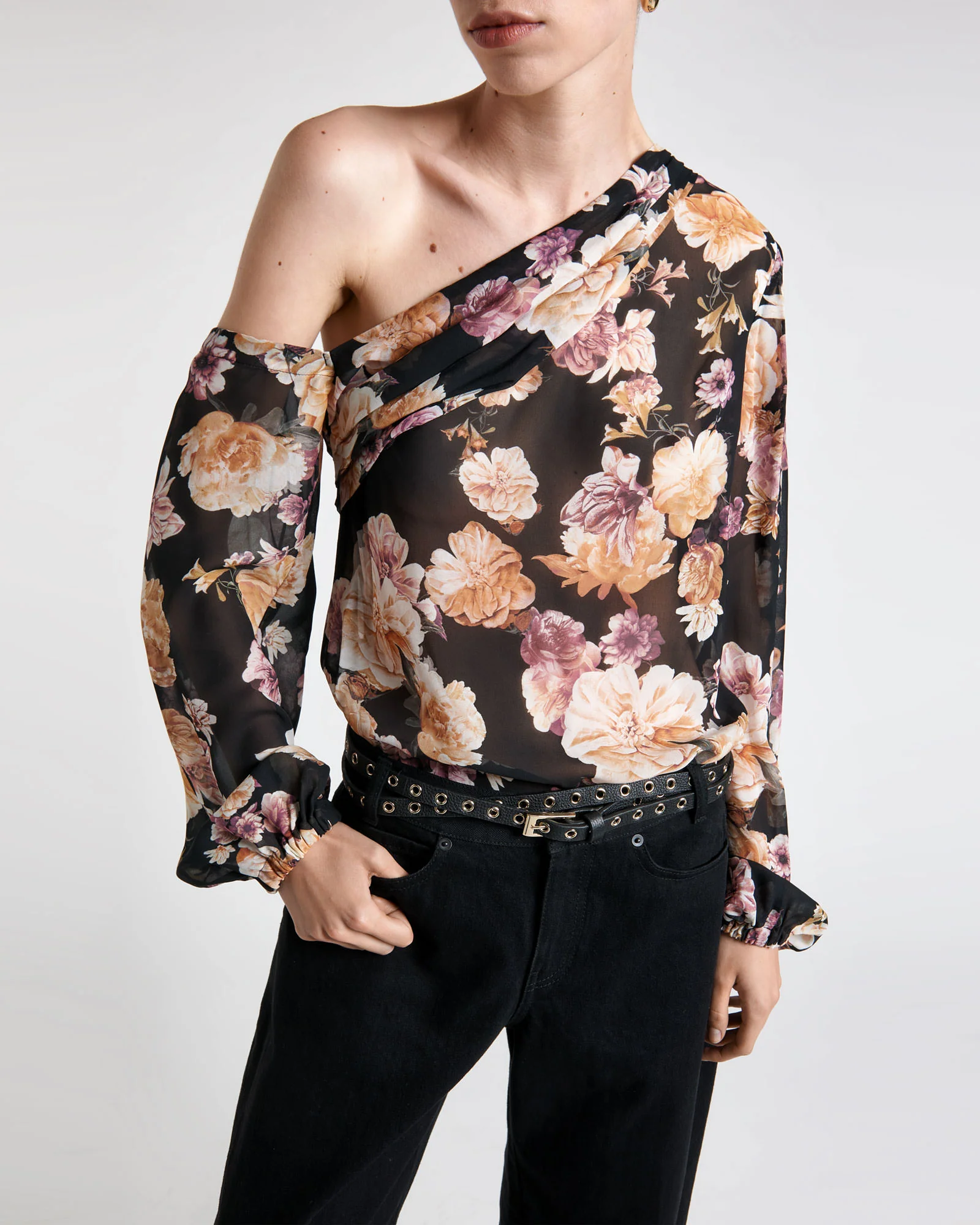 Golden Blossoms One Shoulder Top