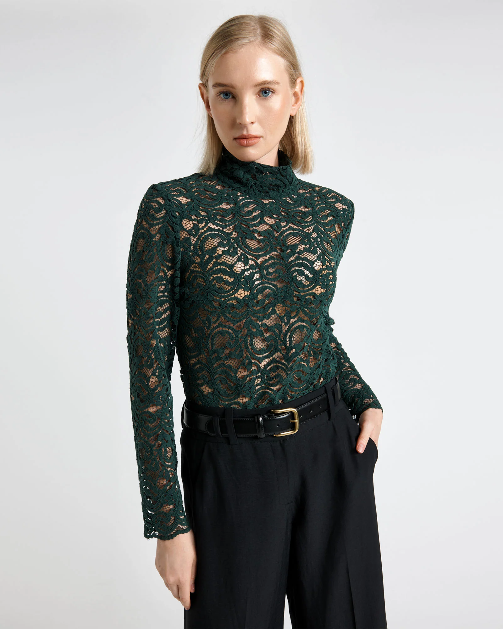 European Flocked Lace Long Sleeve Top