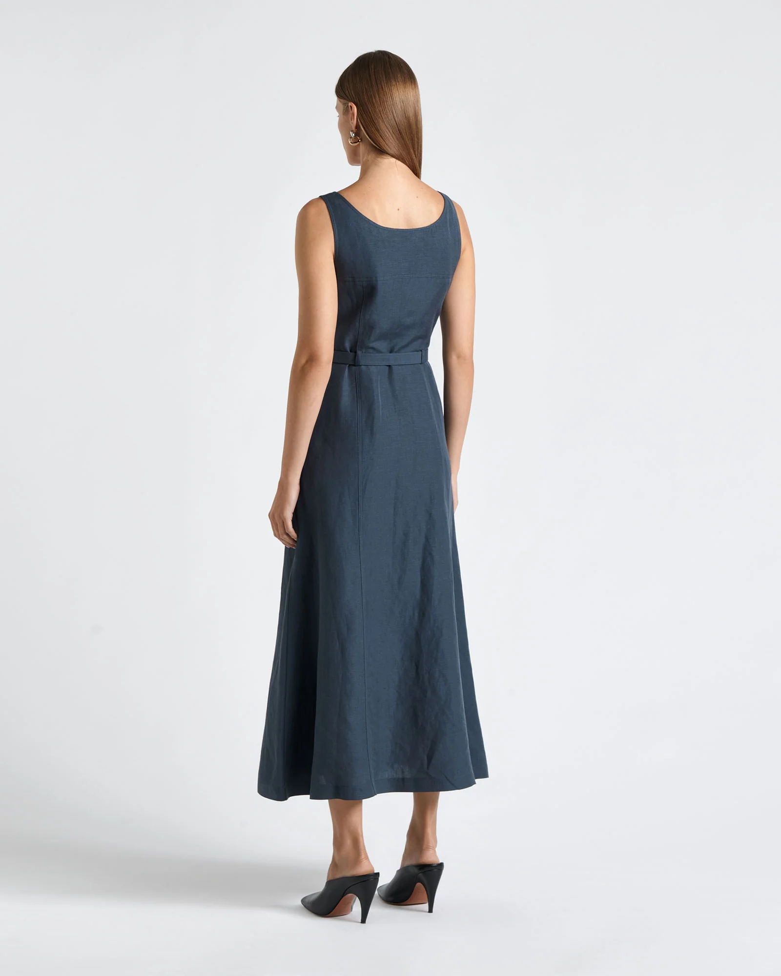 Linen Blend Buckle Detail Midi Dress