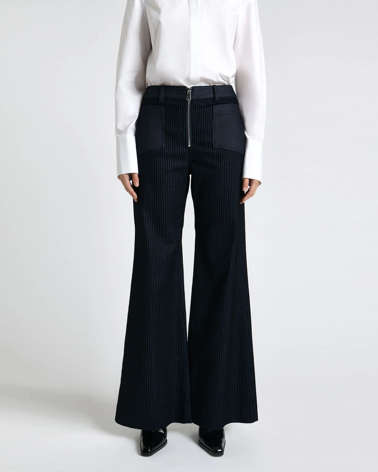 Striped Flocked Denim Wide Leg Jean