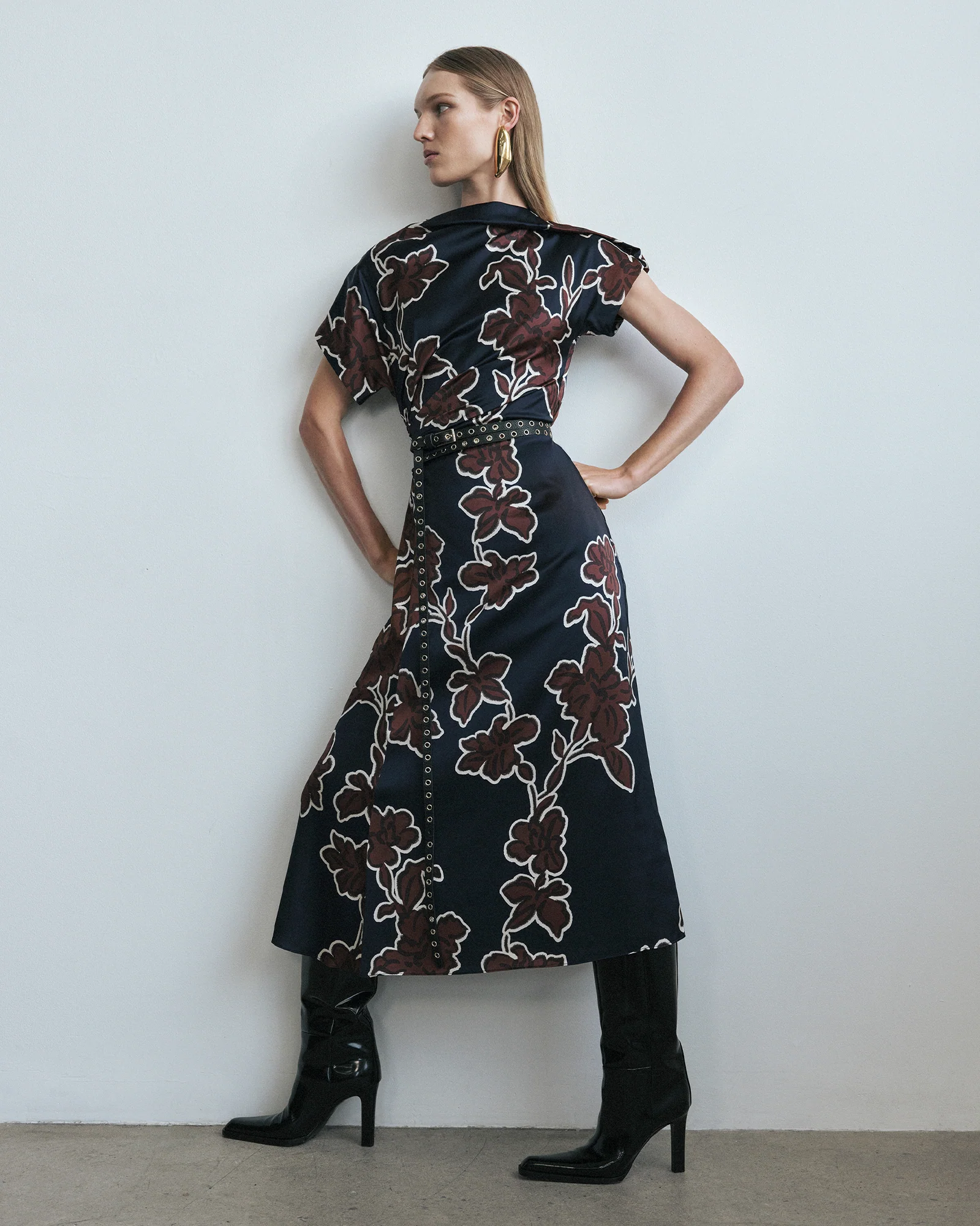 Ink Illustrated Floral Satin Fold Neck Dress
