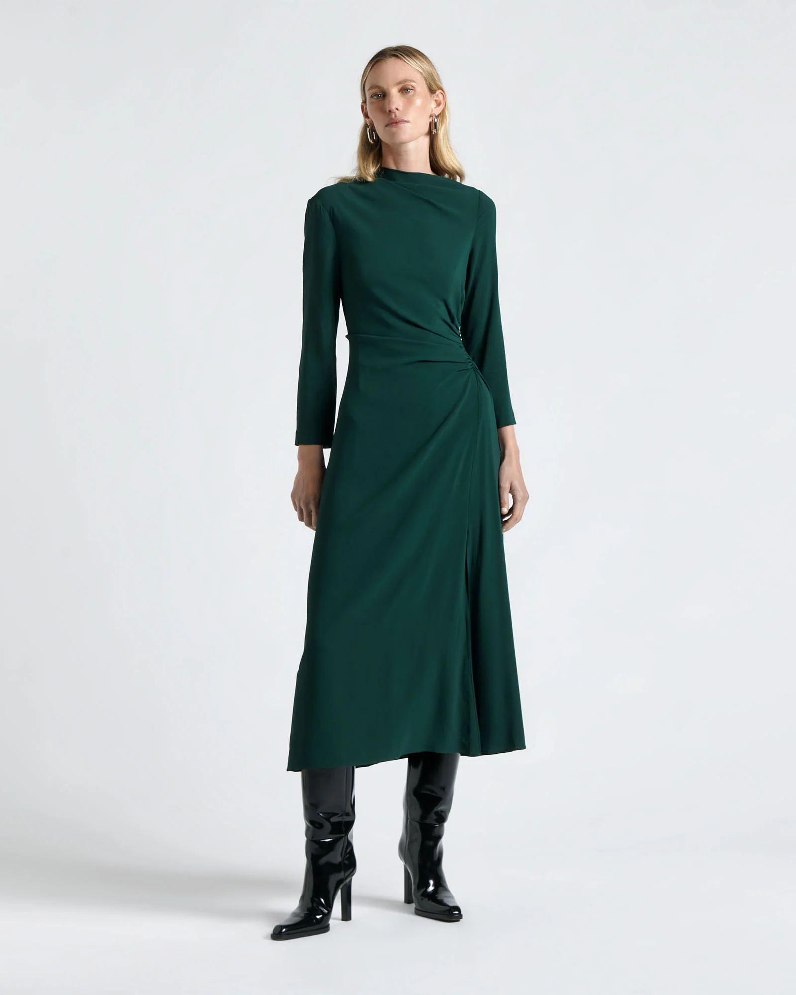 Forest Soft Viscose Draped Long Sleeve Dress