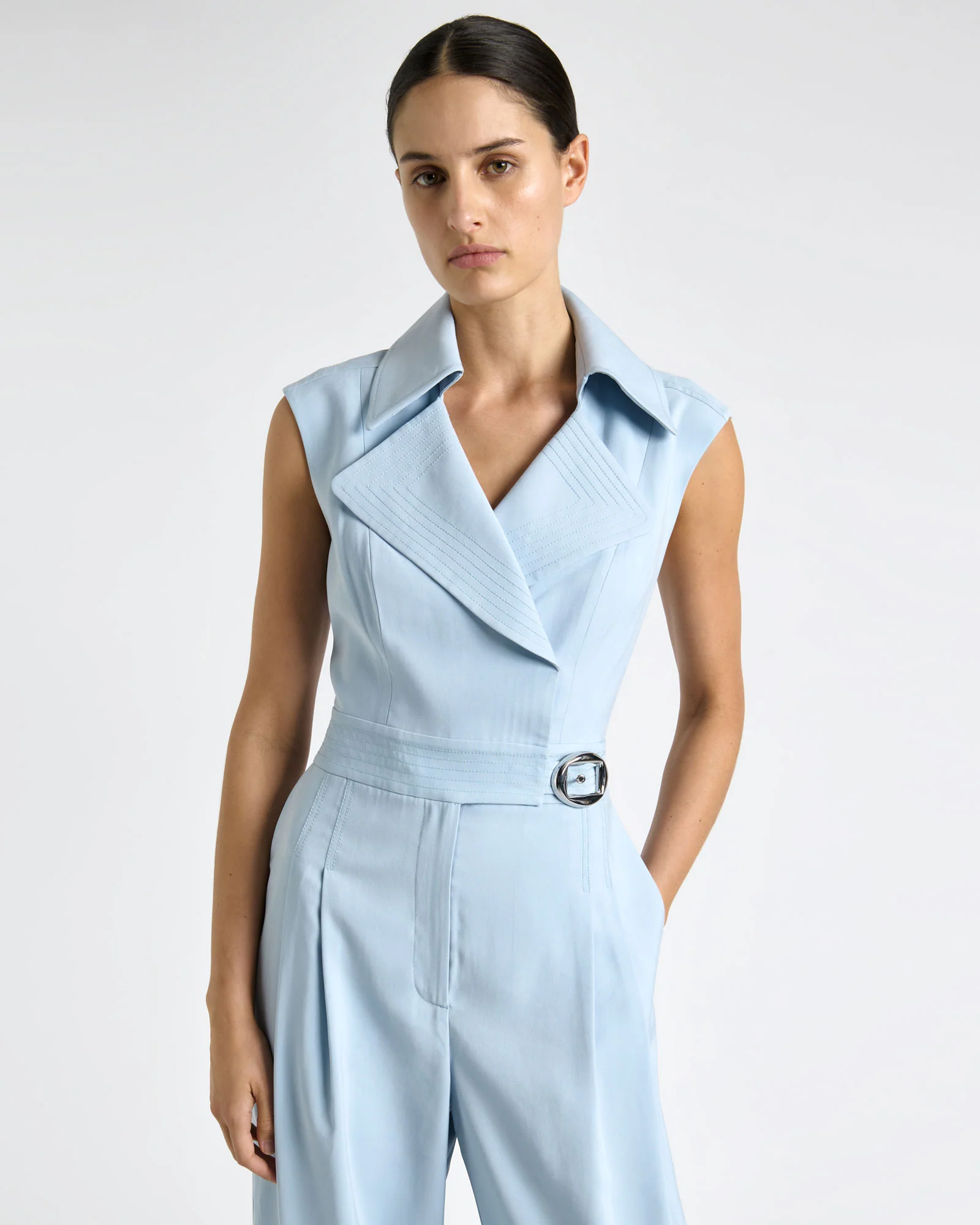 Pale Blue Viscose Twill Wide Leg Jumpsuit