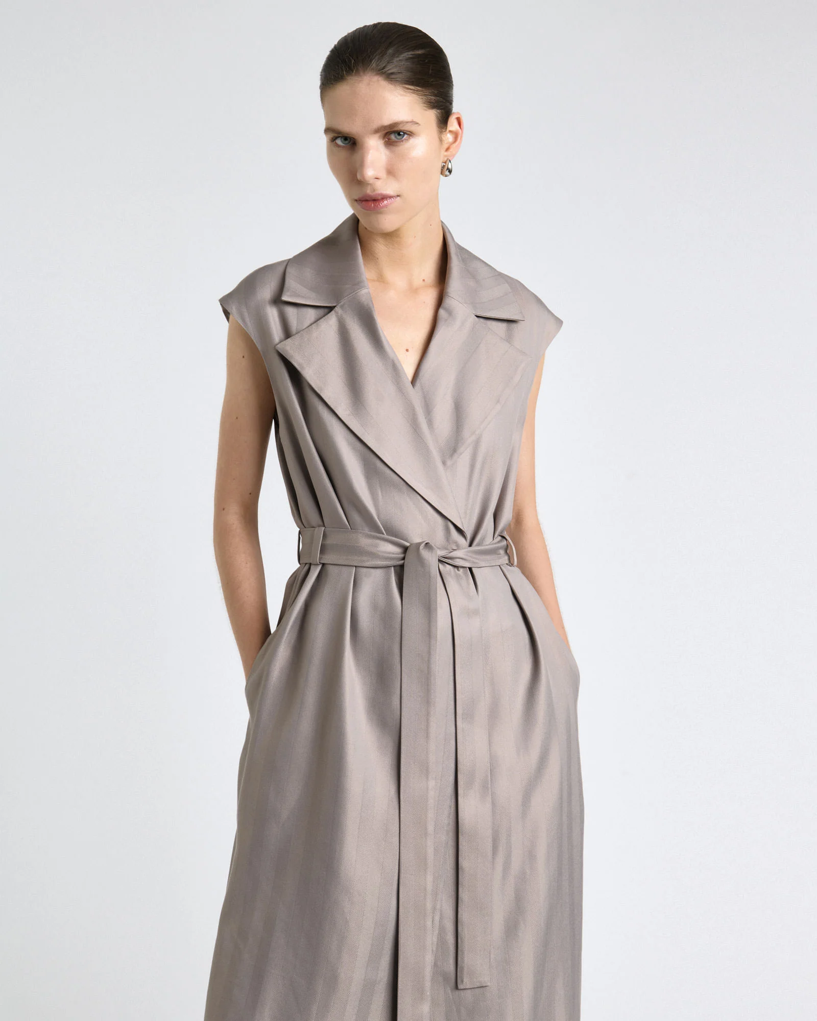 Oyster European Self Stripe Sleeveless Trench Dress