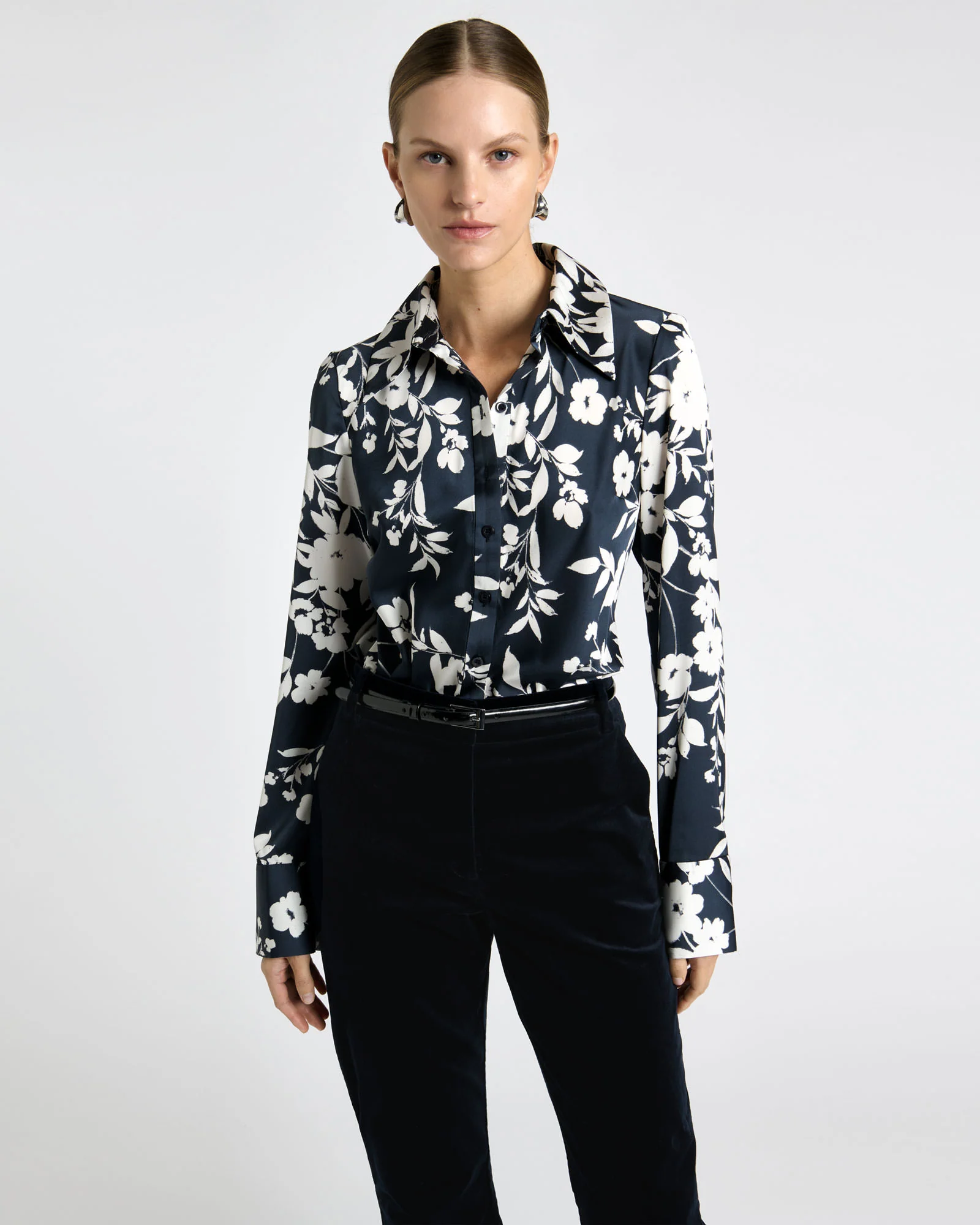 Ink Stencil Floral Satin Shirt