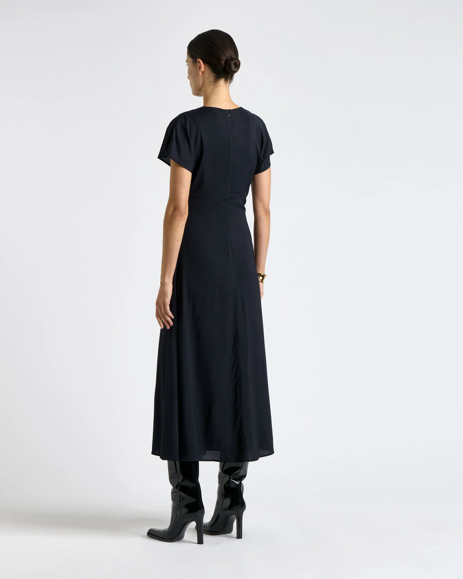 Ink Stretch Viscose Gathered Front Midi Dress