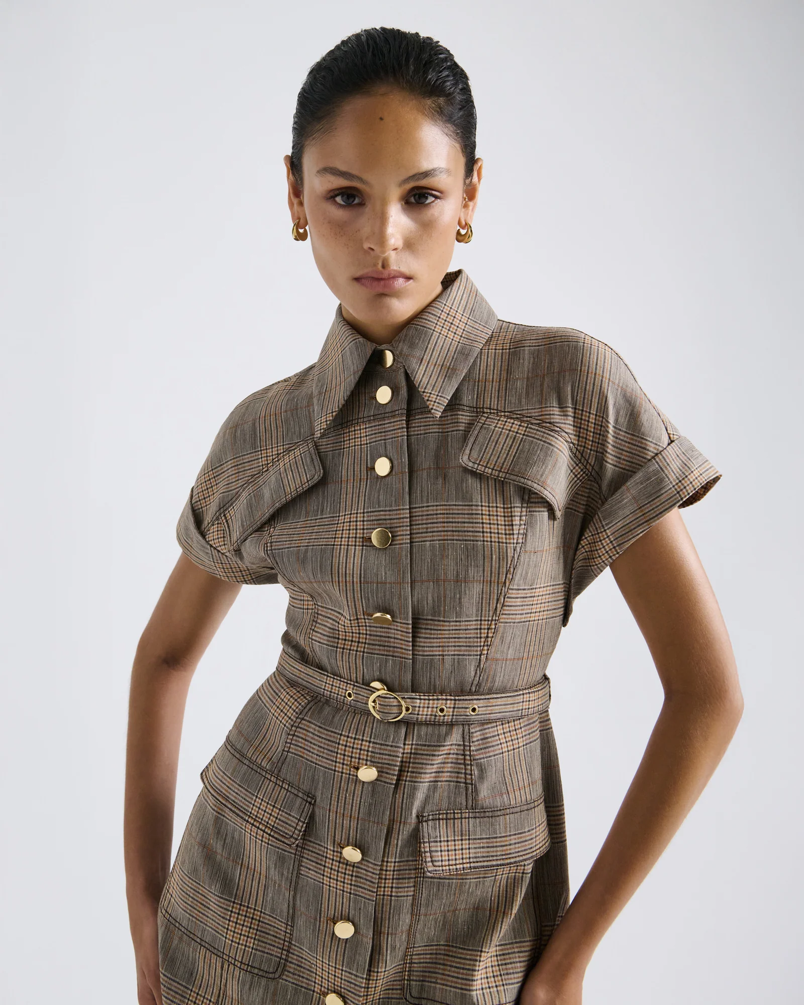 European Linen Wool Check Mini Dress