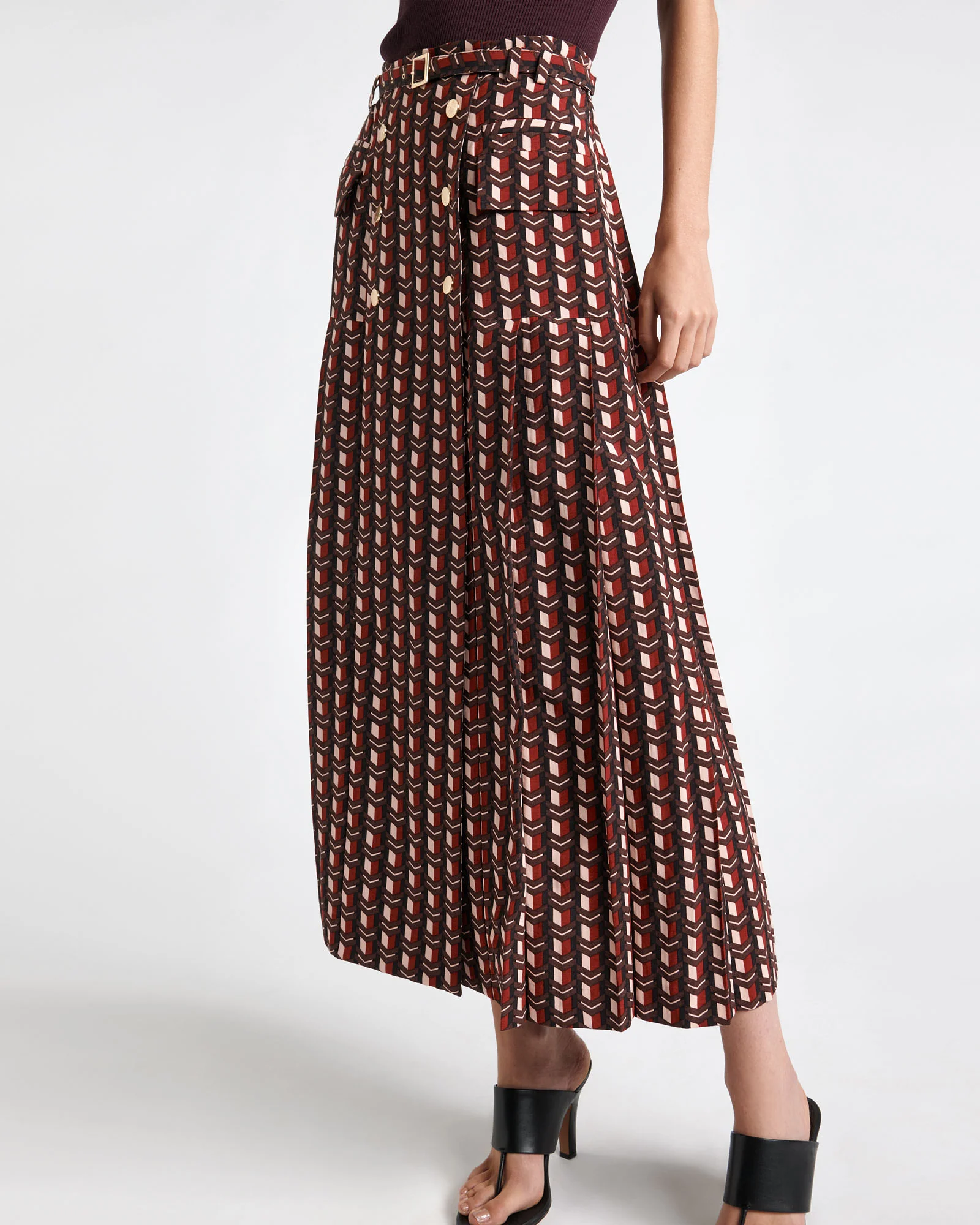 Viscose Blend Mosaic Geo Pleated Midi Skirt